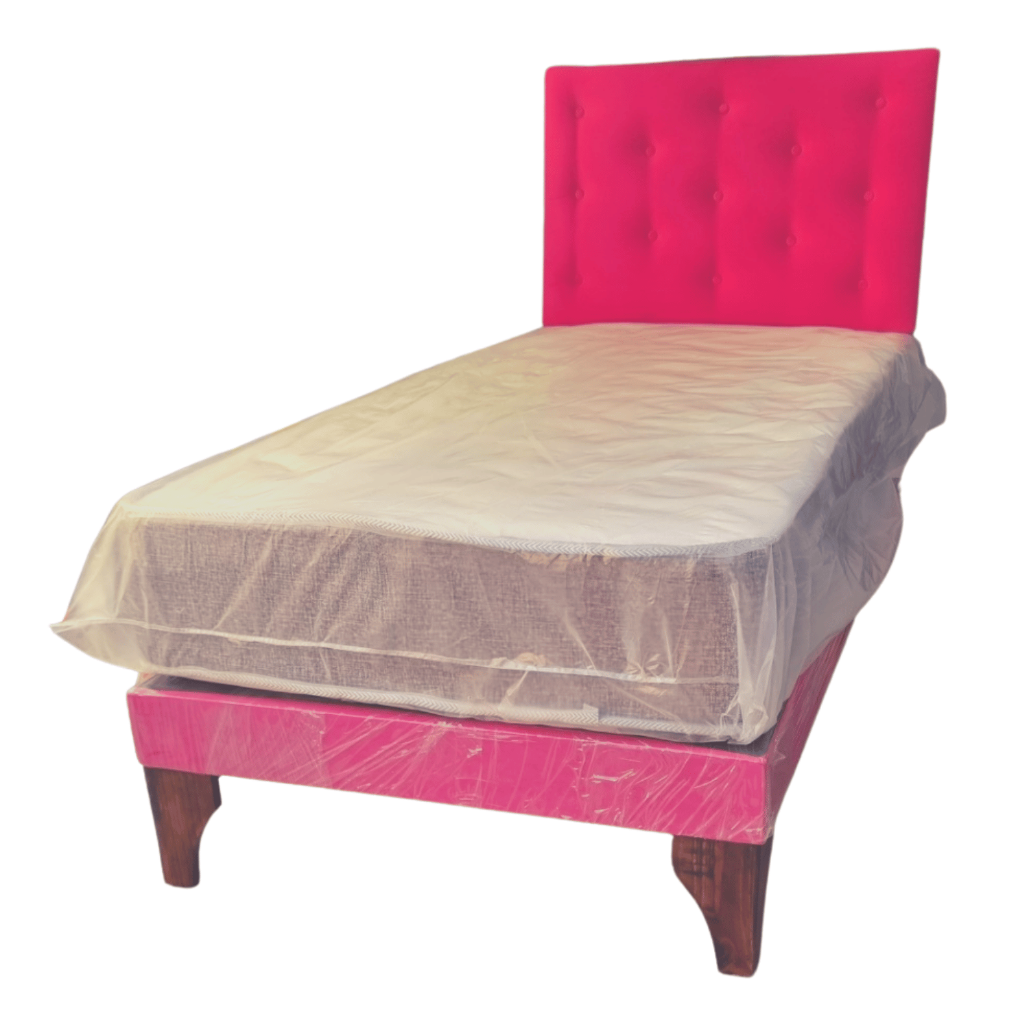 CAMA EUROPEA 1,5 PLAZA RESPALDO FUCSIA BOTONE FELPA + COLCHON DE RESORTE RIMAR - 3