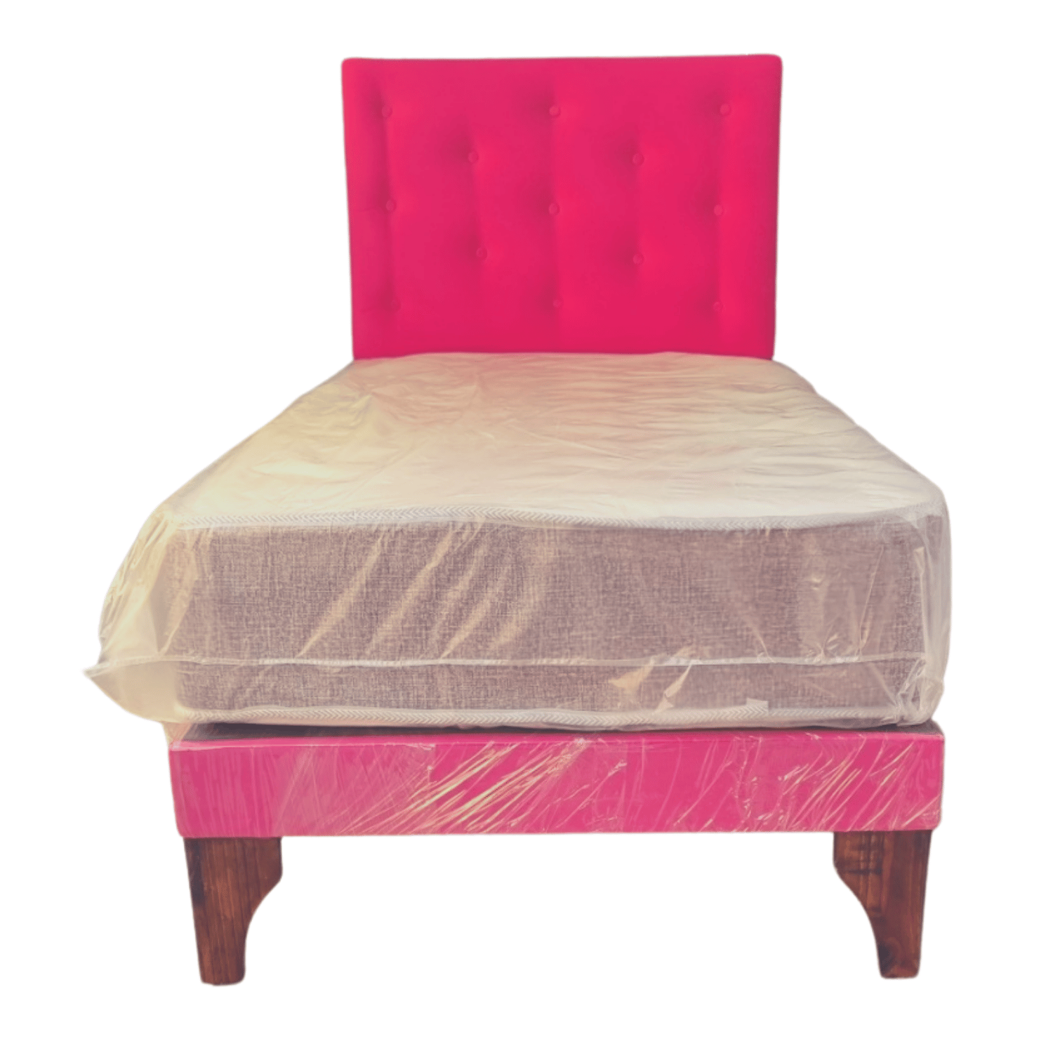 CAMA EUROPEA 1 PLAZA RESPALDO FUCSIA BOTONE FELPA + COLCHON DE RESORTE RIMAR - 1