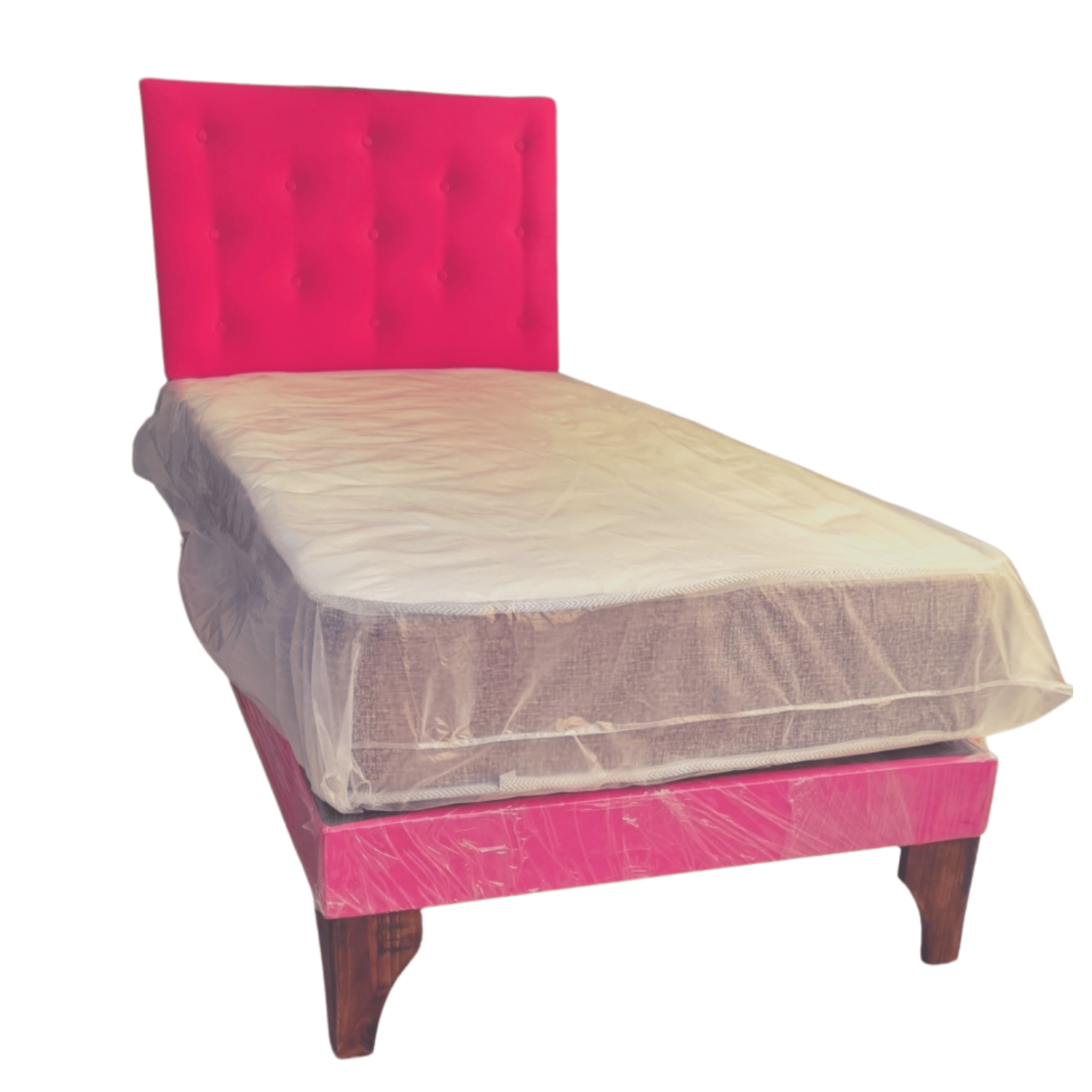 CAMA EUROPEA 1 PLAZA RESPALDO FUCSIA BOTONE FELPA + COLCHON DE RESORTE RIMAR - 2