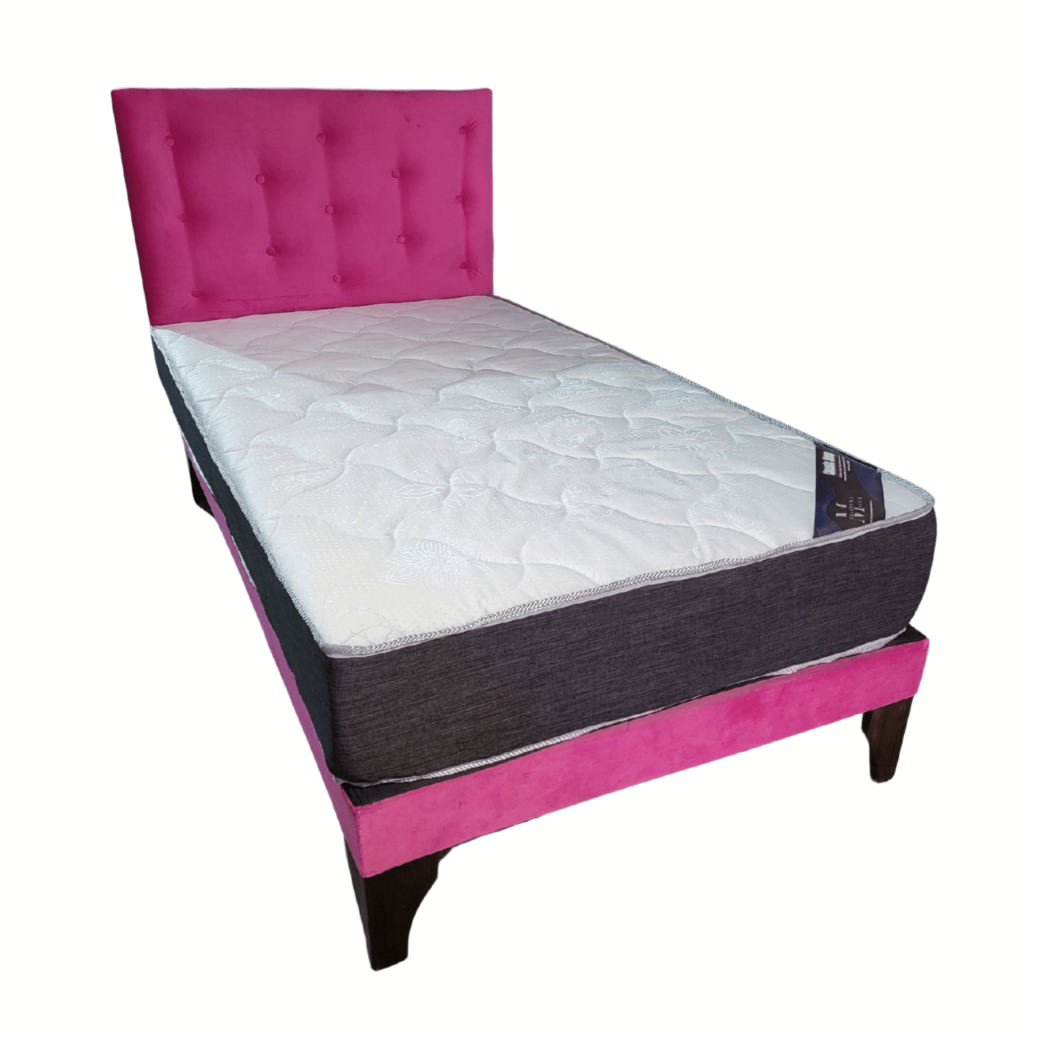 CAMA EUROPEA 1 PLAZA RESPALDO FUCSIA FELPA + COLCHON DE RESORTE RIMAR - 2