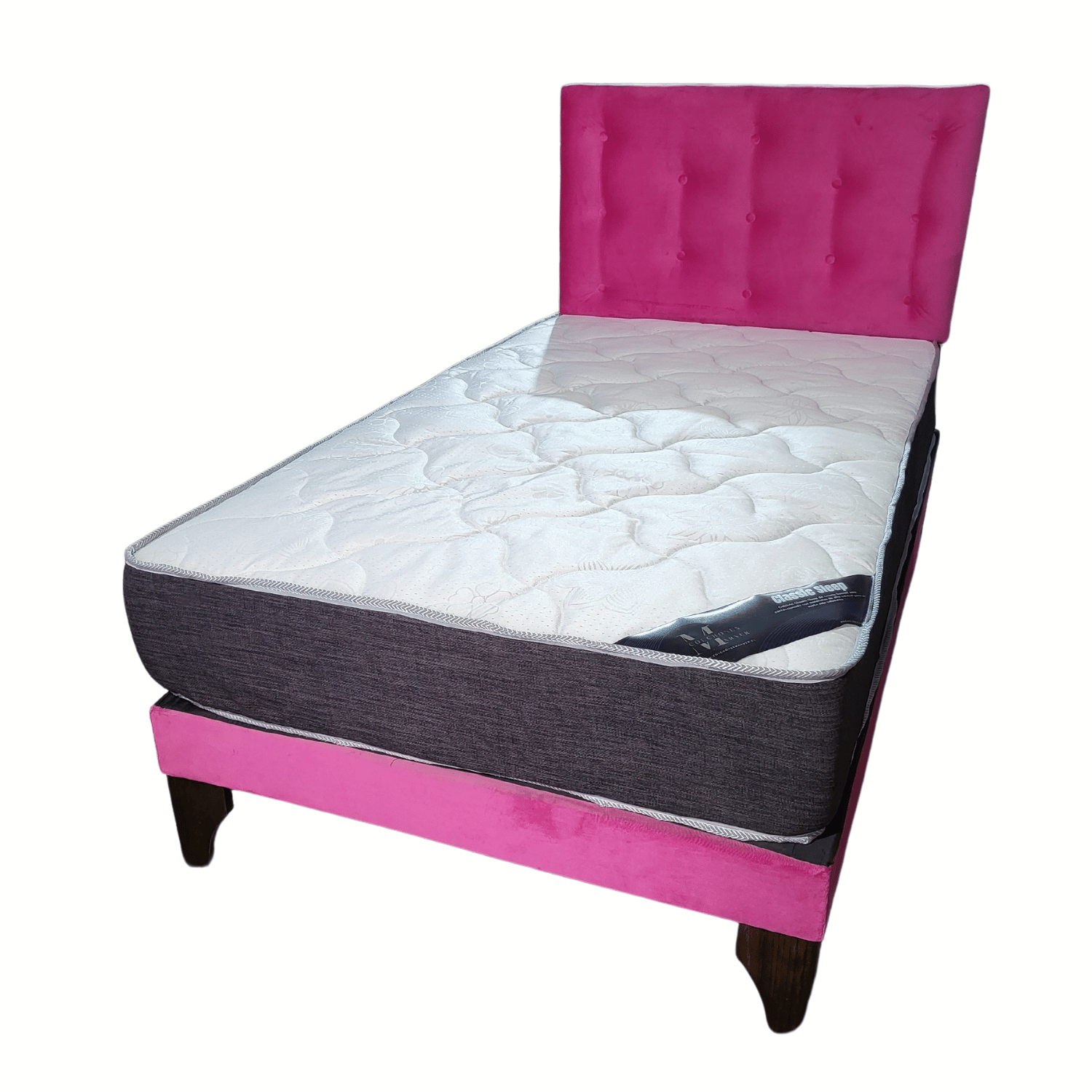 CAMA EUROPEA 1 PLAZA RESPALDO FUCSIA FELPA + COLCHON DE RESORTE RIMAR - 3