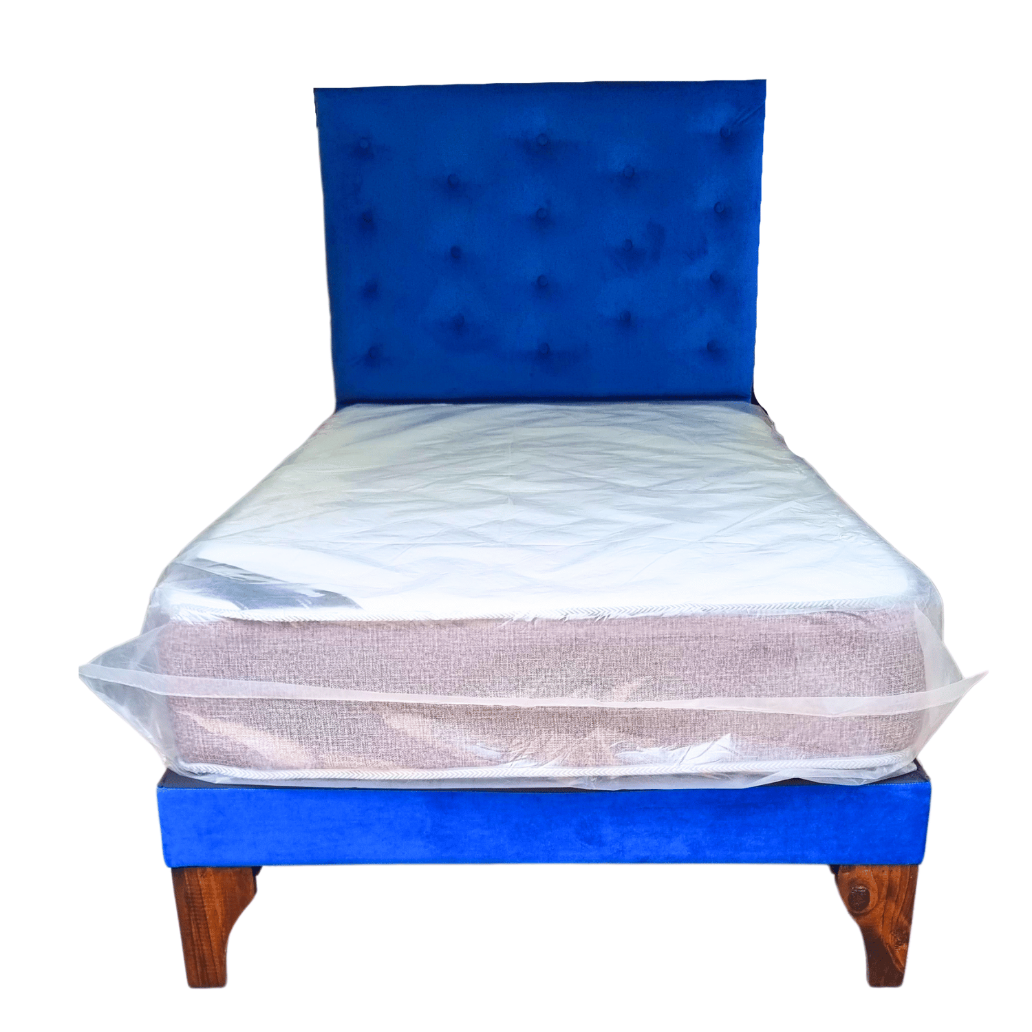 CAMA EUROPEA 1 PLAZAS RESPALDO A PISO AZUL FELPA + COLCHON DE RESORTE RIMAR - 1