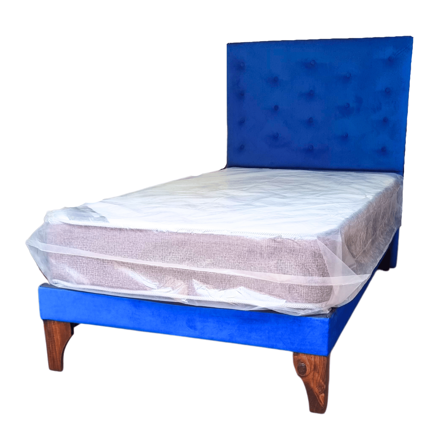 CAMA EUROPEA 1 PLAZAS RESPALDO A PISO AZUL FELPA + COLCHON DE RESORTE RIMAR - 3