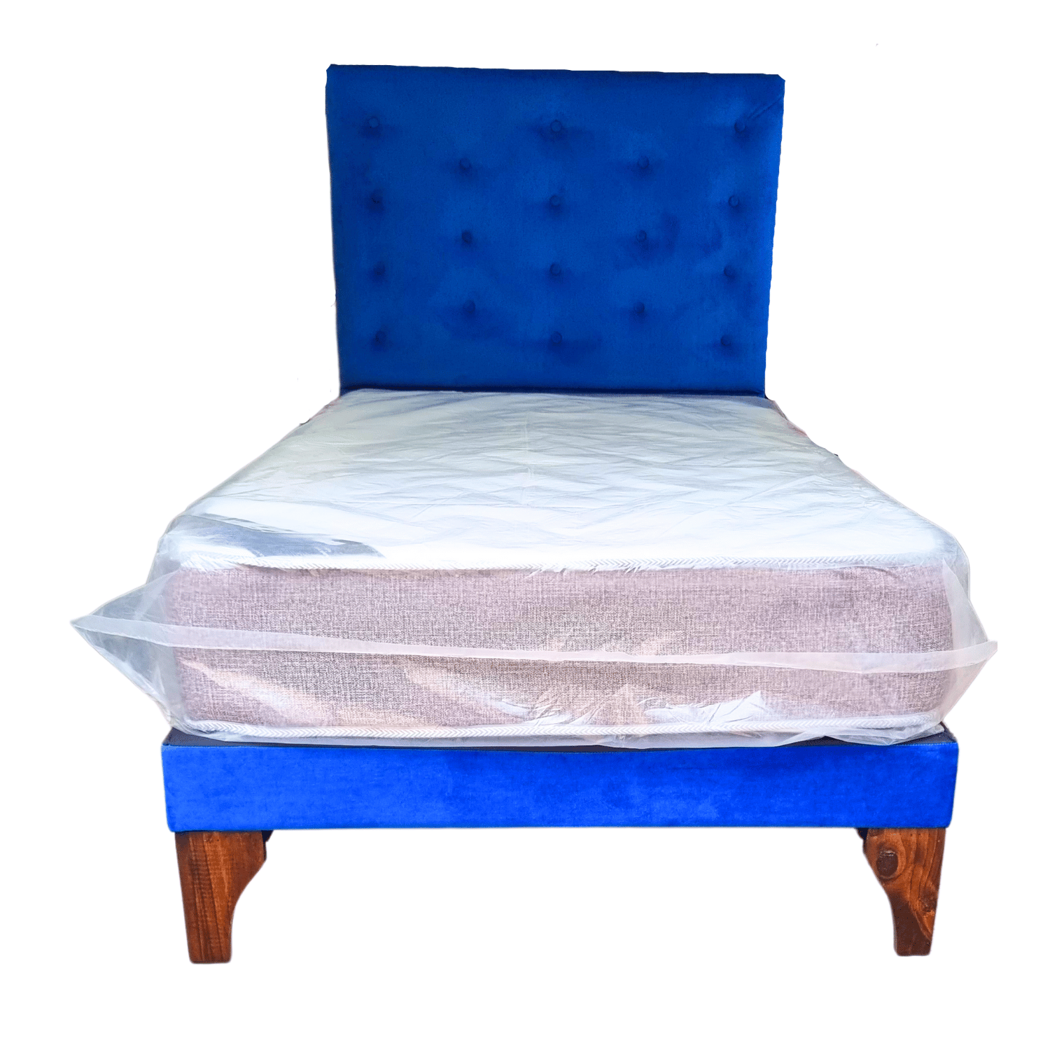CAMA EUROPEA 1 PLAZAS RESPALDO A PISO AZUL FELPA + COLCHON DE RESORTE RIMAR - 4