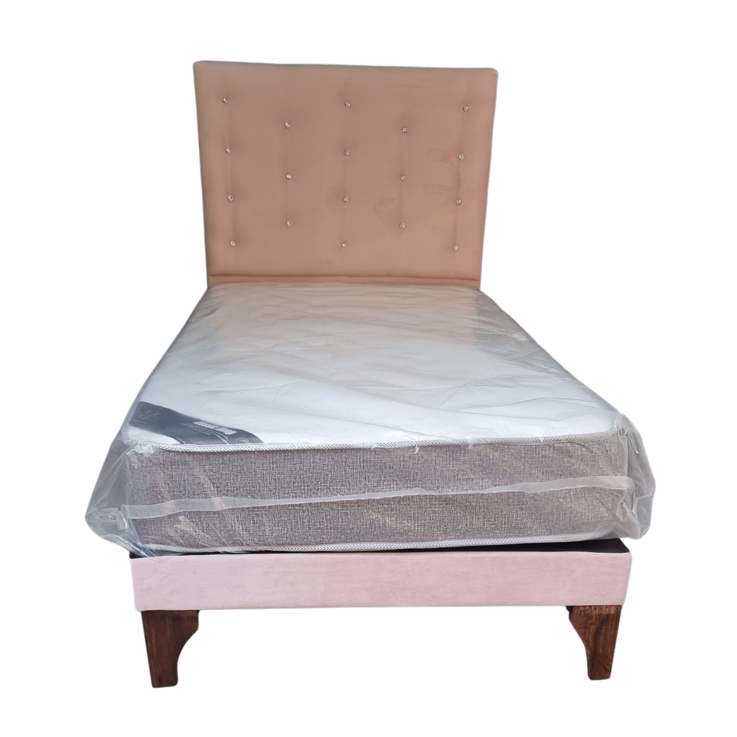 CAMA EUROPEA 1,5 PLAZAS RESPALDO A PISO ROSA PASTEL FELPA DIAMANTE + COLCHON DE RESORTE RIMAR - 1