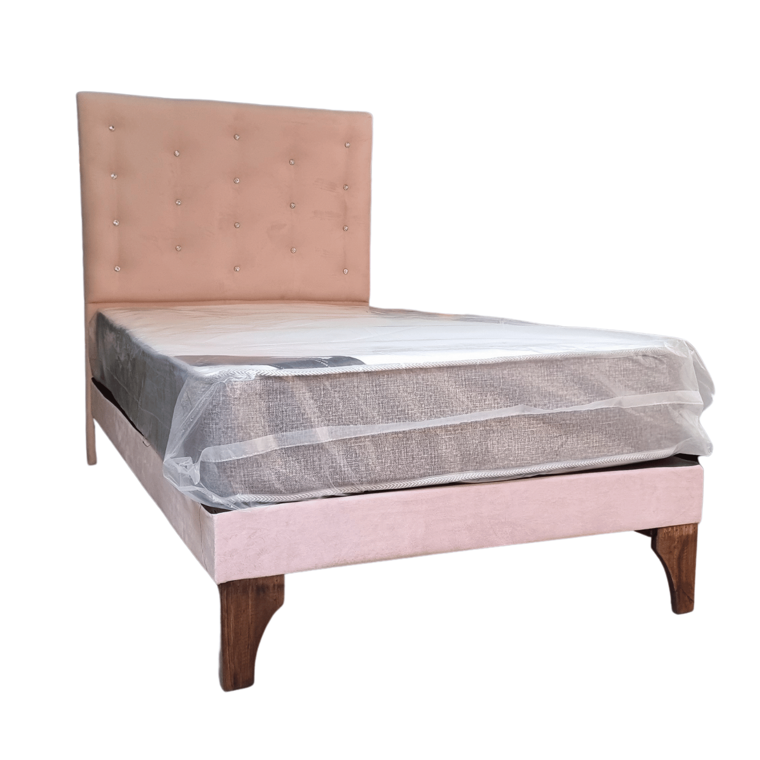 CAMA EUROPEA 1,5 PLAZAS RESPALDO A PISO ROSA PASTEL FELPA DIAMANTE + COLCHON DE RESORTE RIMAR - 2