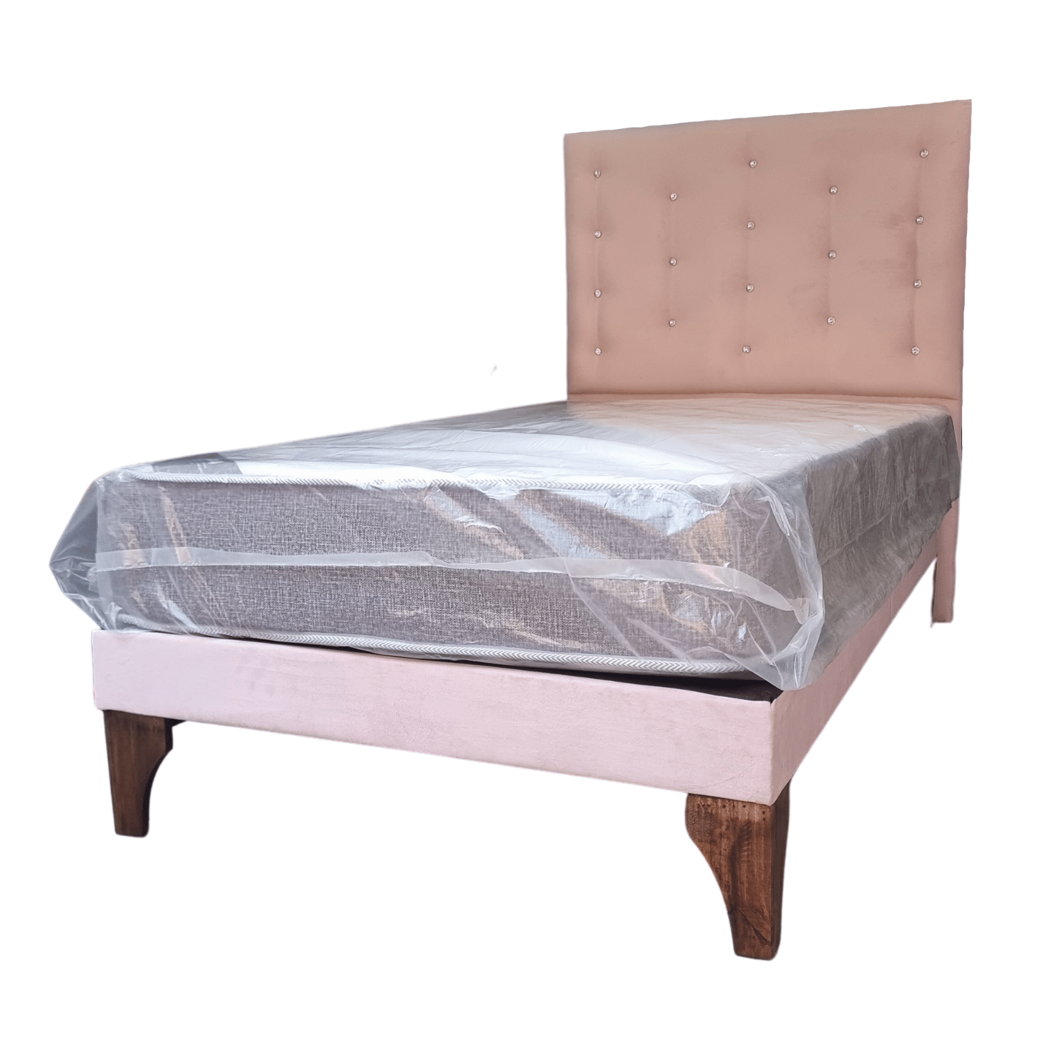 CAMA EUROPEA 1,5 PLAZAS RESPALDO A PISO ROSA PASTEL FELPA DIAMANTE + COLCHON DE RESORTE RIMAR - 3