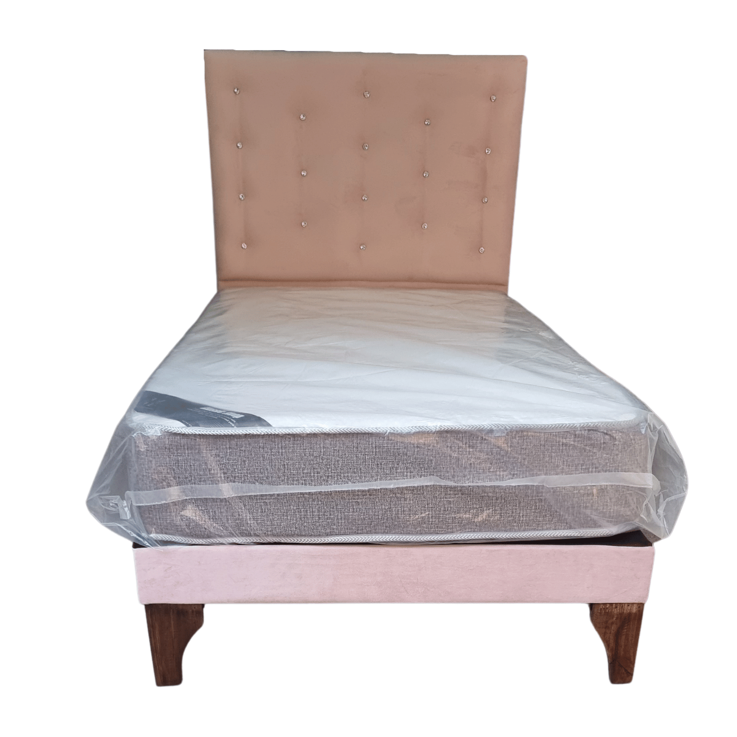 CAMA EUROPEA 1,5 PLAZAS RESPALDO A PISO ROSA PASTEL FELPA DIAMANTE + COLCHON DE RESORTE RIMAR - 4