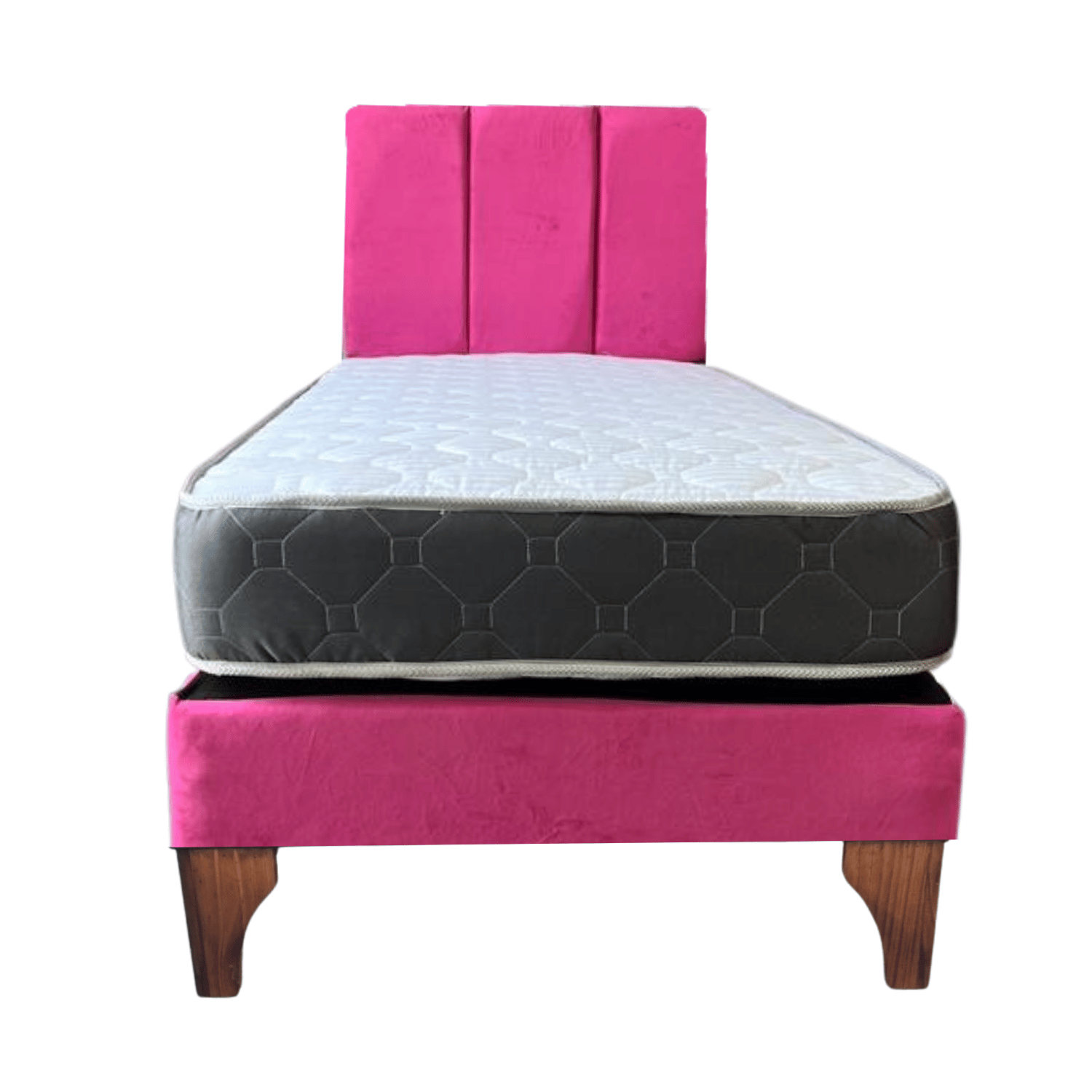 CAMA EUROPEA 1 PLAZA RESPALDO FUCSIA FELPA LINEAL + COLCHON DE RESORTE RIMAR - 1