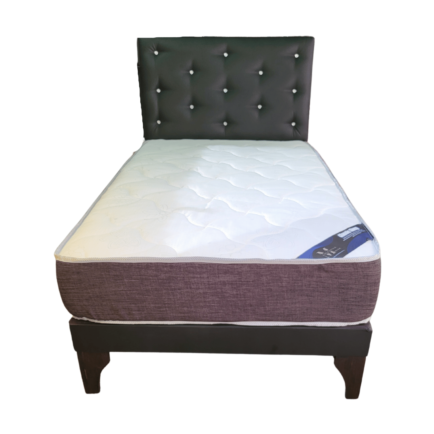 CAMA EUROPEA 1 PLAZA RESPALDO NEGRO ECO CUERO DIAMANTE + COLCHON DE RESORTE RIMAR - 4
