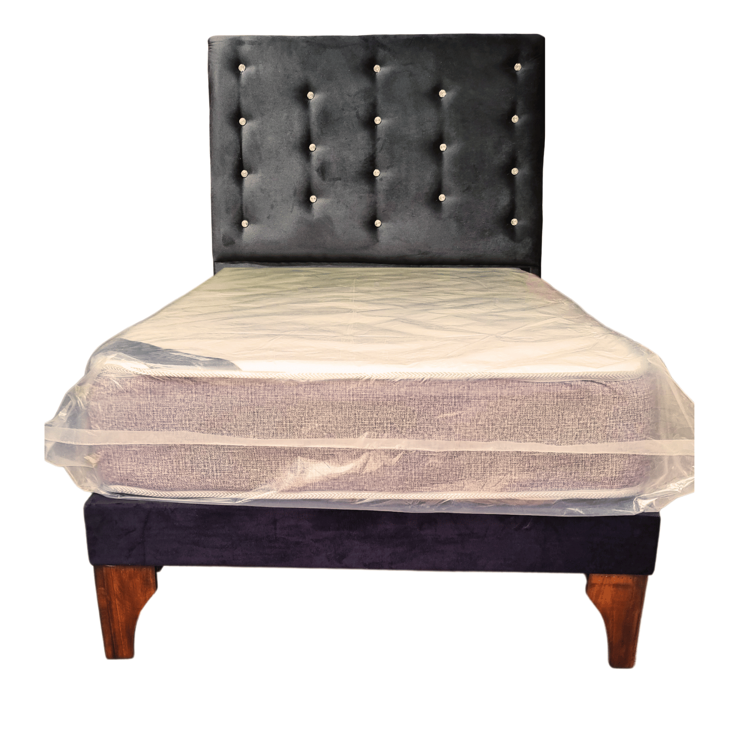 CAMA EUROPEA 1 PLAZAS RESPALDO A PISO NEGRO FELPA DIAMANTE + COLCHON DE RESORTE RIMAR - 1