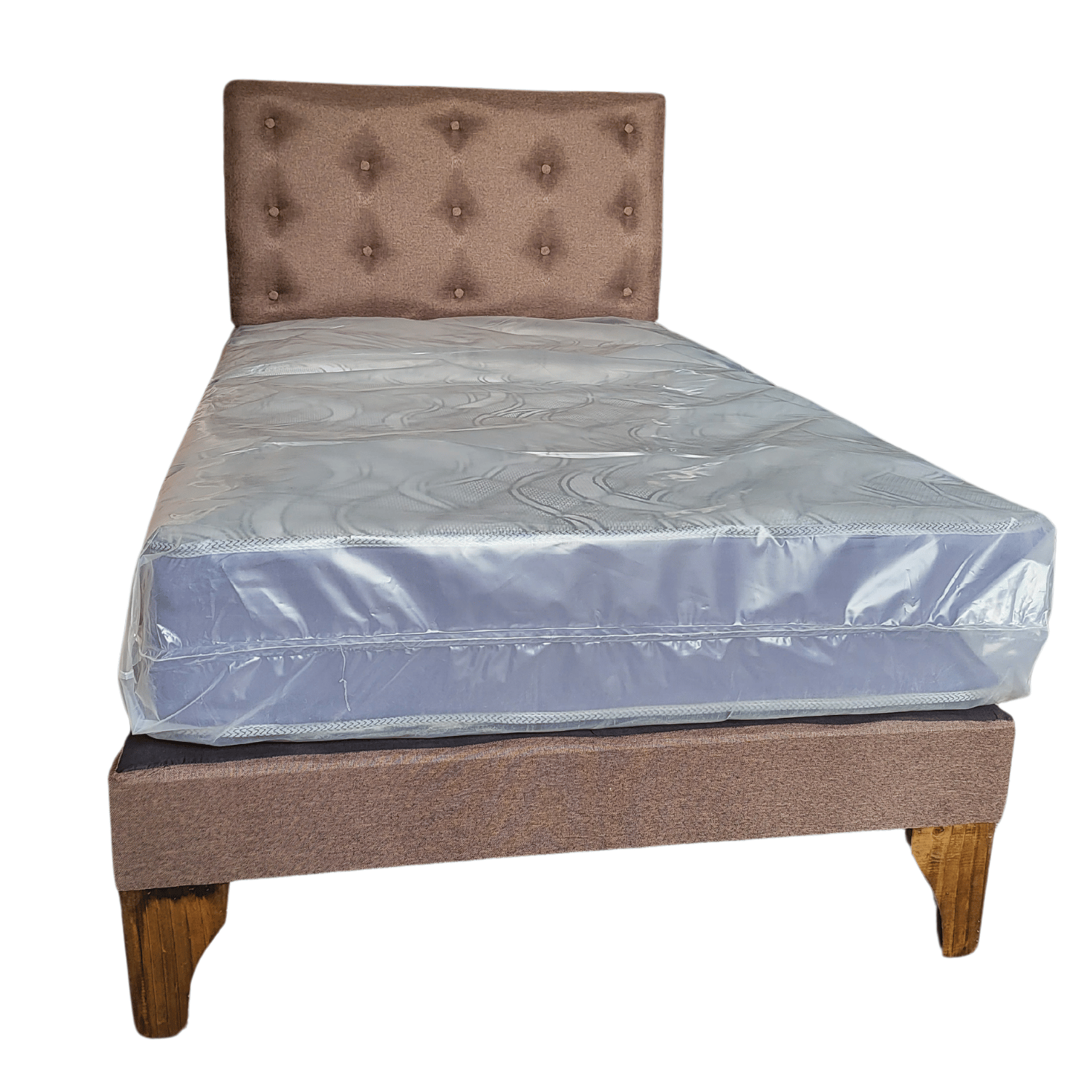 CAMA EUROPEA 1,5 PLAZA RESPALDO CAFÉ LINO + COLCHON DE RESORTE RIMAR - 2