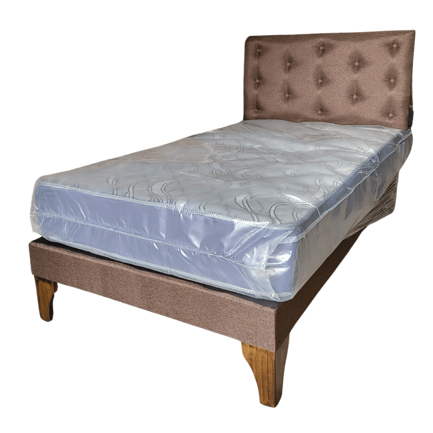CAMA EUROPEA 1,5 PLAZA RESPALDO CAFÉ LINO + COLCHON DE RESORTE RIMAR - 3