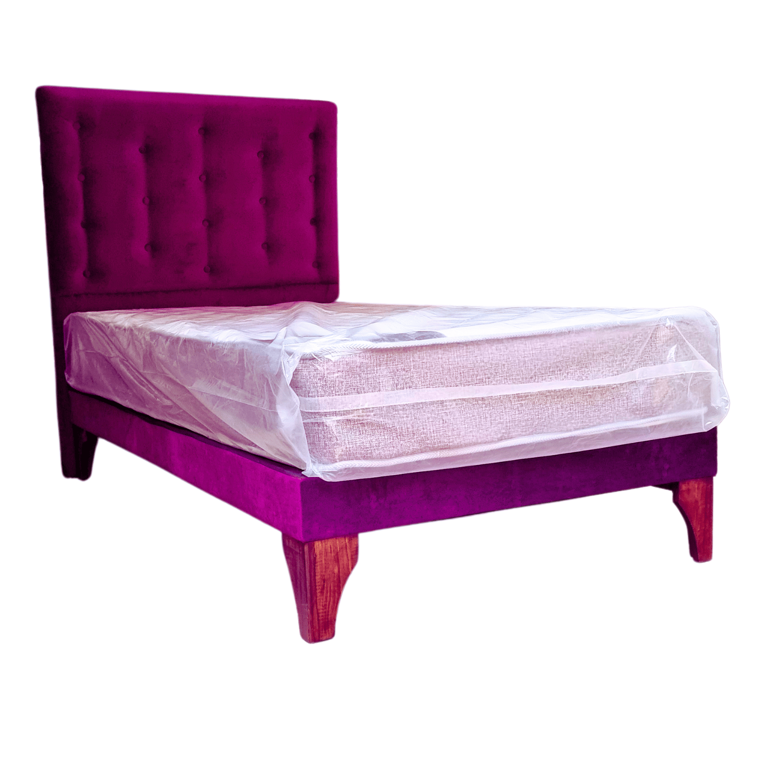 CAMA EUROPEA 1,5 PLAZAS RESPALDO A PISO MORADO FELPA + COLCHON DE RESORTE RIMAR - 2