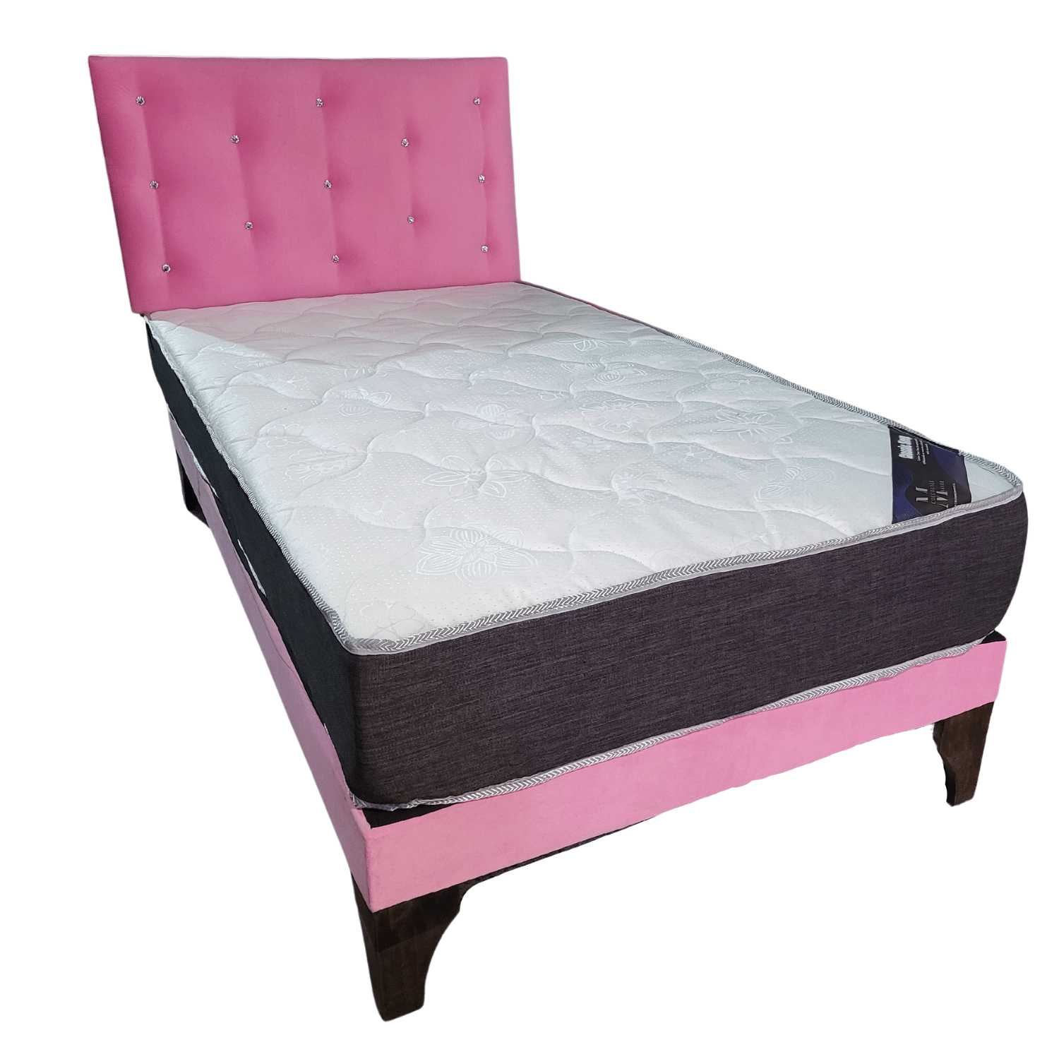 CAMA EUROPEA 1,5 PLAZA RESPALDO ROSADO BOTON DIAMANTE FELPA + COLCHON DE RESORTE RIMAR - 2