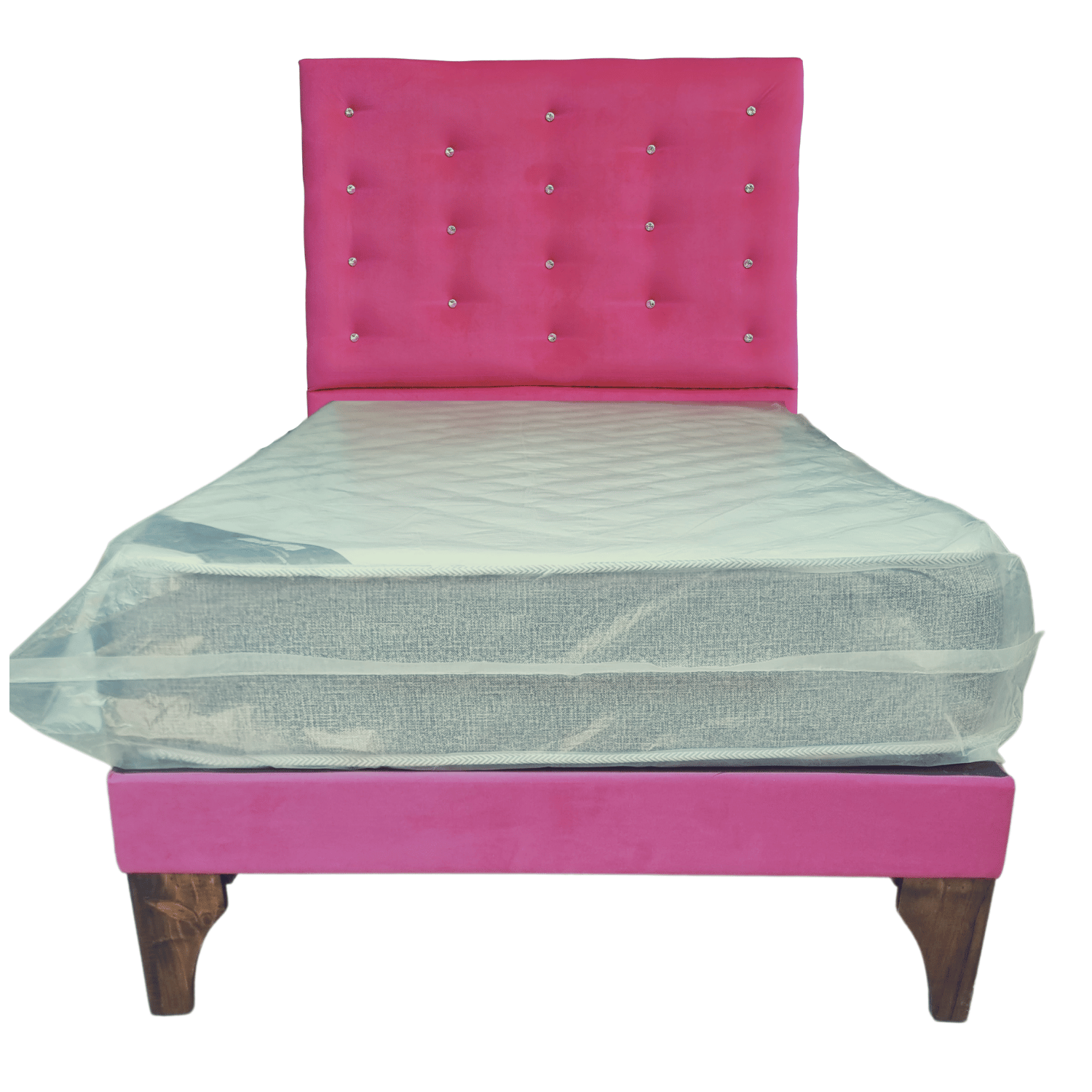 CAMA EUROPEA 1,5 PLAZAS RESPALDO A PISO FUCSIA FELPA DIAMANTE + COLCHON DE RESORTE RIMAR - 1