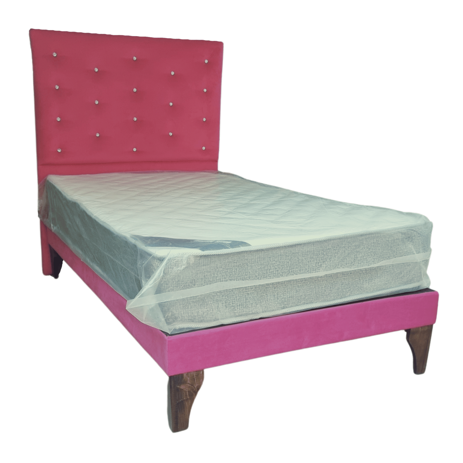 CAMA EUROPEA 1,5 PLAZAS RESPALDO A PISO FUCSIA FELPA DIAMANTE + COLCHON DE RESORTE RIMAR - 2