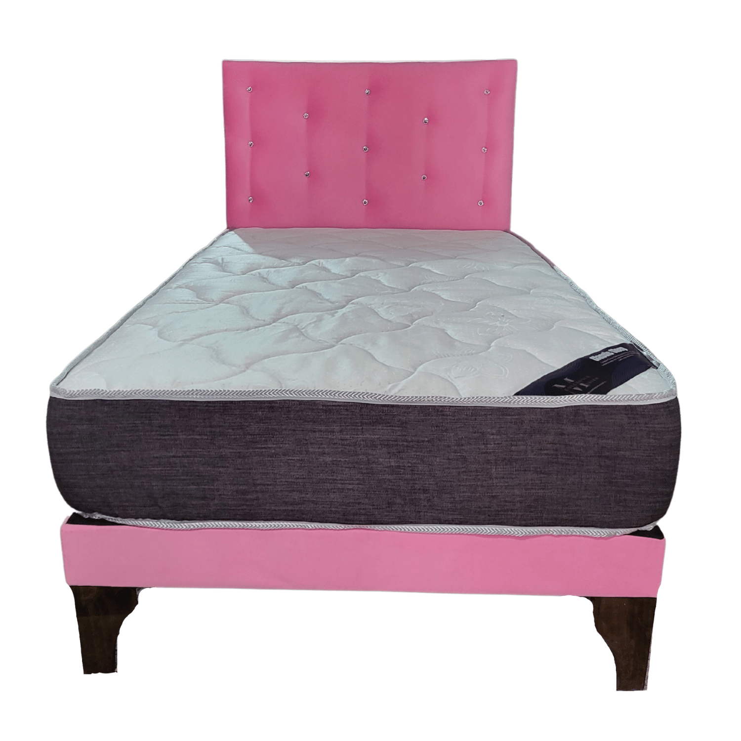 CAMA EUROPEA 1 PLAZA RESPALDO ROSADO BOTON DIAMANTE FELPA + COLCHON DE RESORTE RIMAR - 1