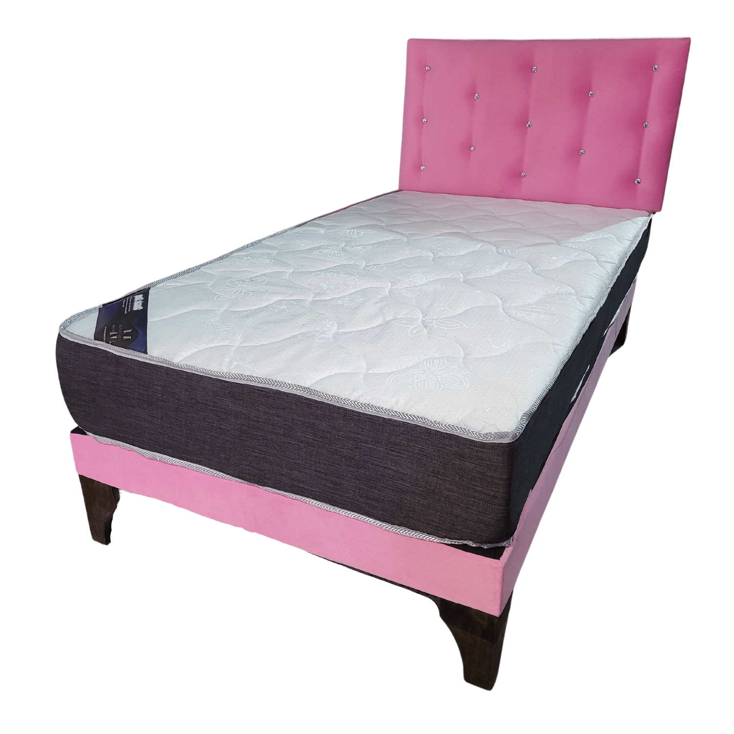CAMA EUROPEA 1 PLAZA RESPALDO ROSADO BOTON DIAMANTE FELPA + COLCHON DE RESORTE RIMAR - 3