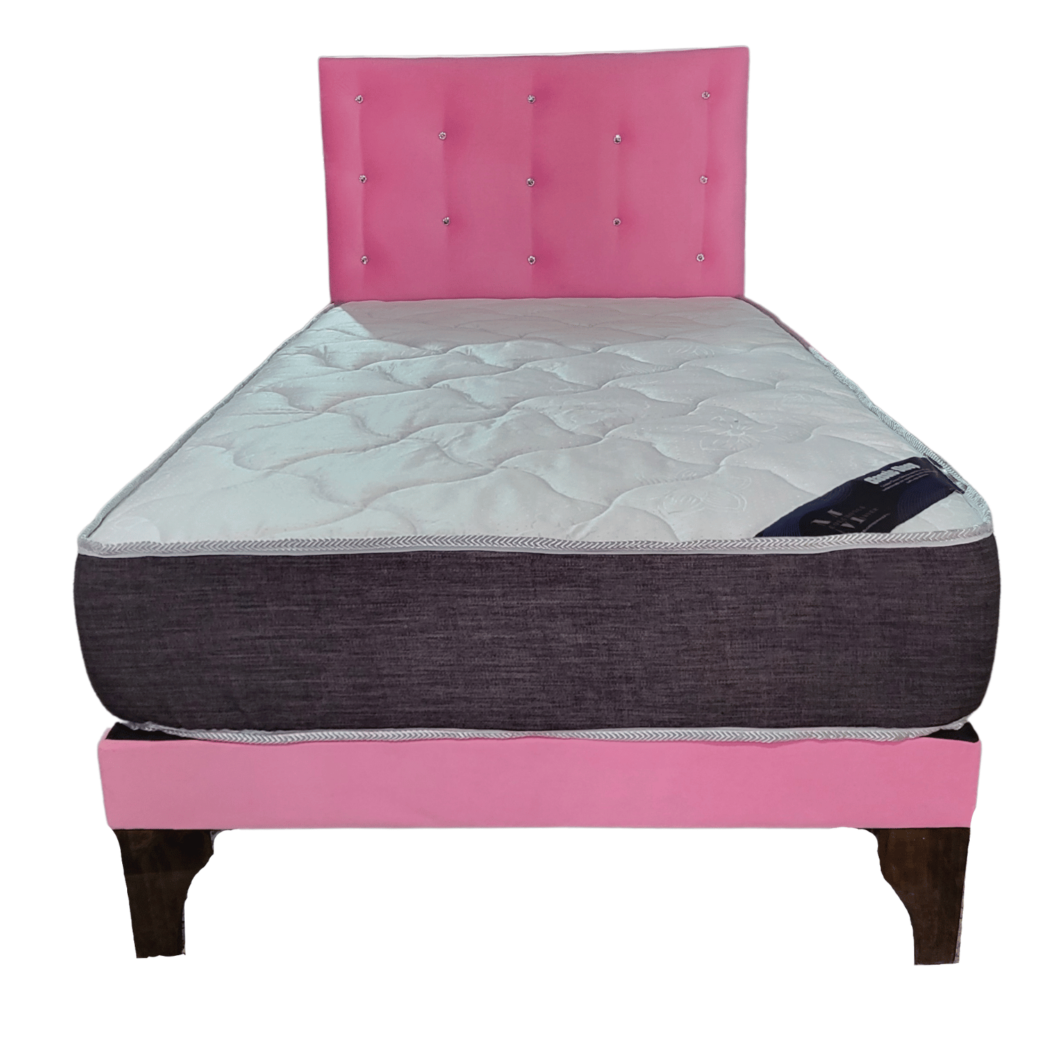 CAMA EUROPEA 1 PLAZA RESPALDO ROSADO BOTON DIAMANTE FELPA + COLCHON DE RESORTE RIMAR - 4