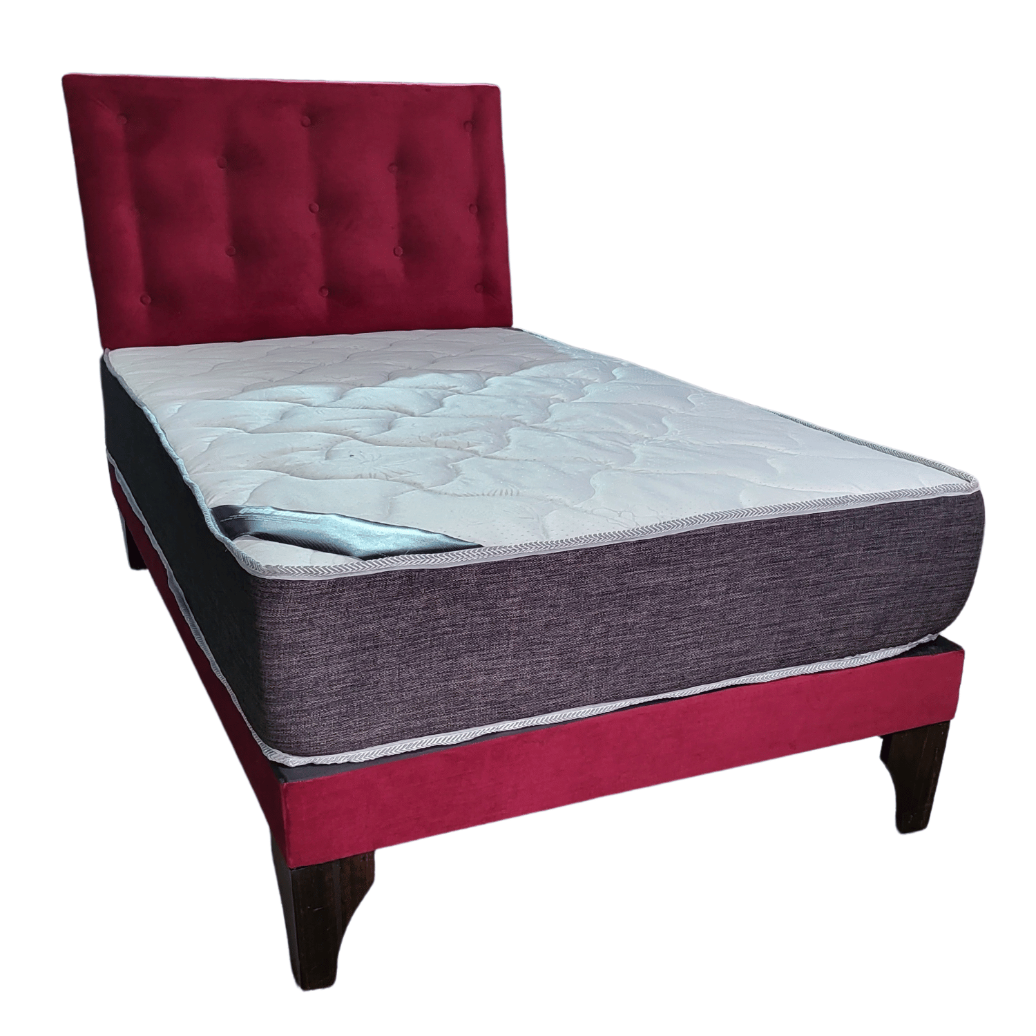 CAMA EUROPEA 1,5 PLAZA RESPALDO BURDEO FELPA + COLCHON DE RESORTE RIMAR - 2
