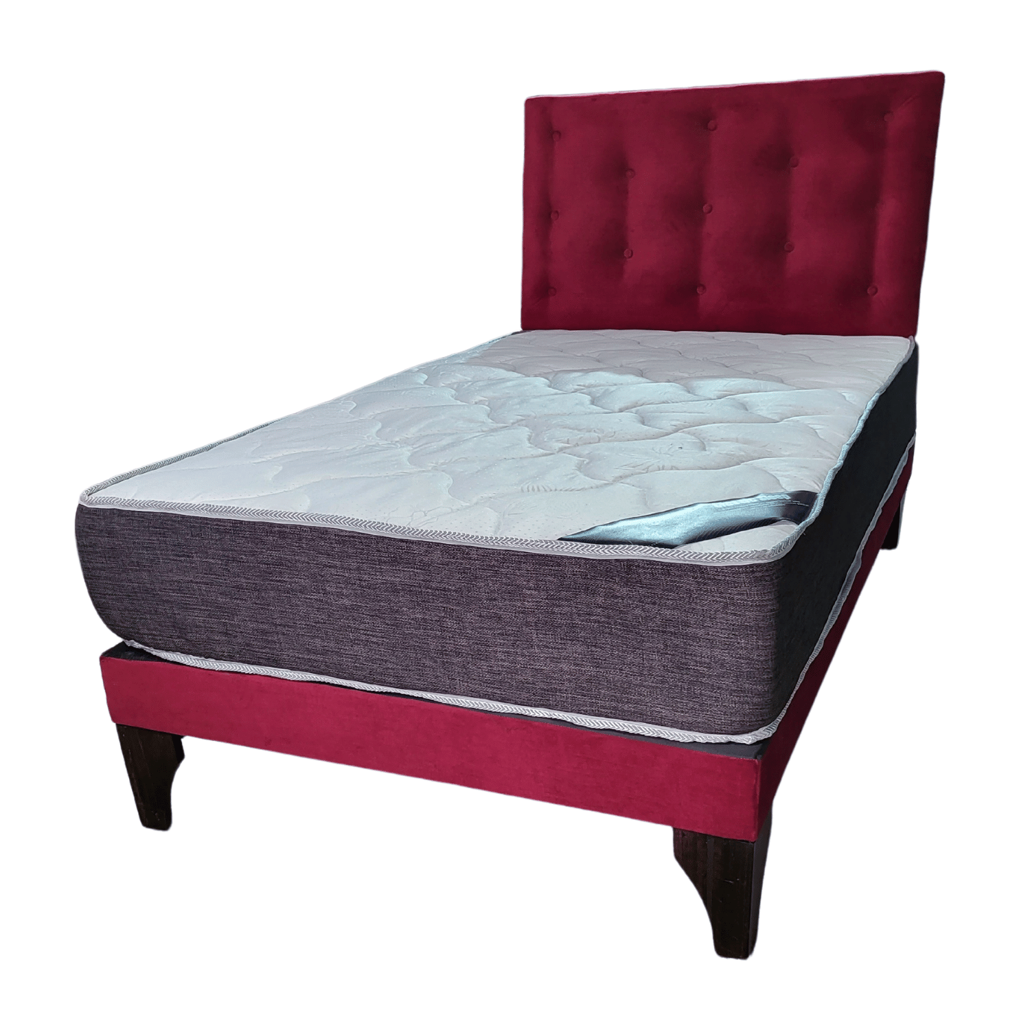 CAMA EUROPEA 1,5 PLAZA RESPALDO BURDEO FELPA + COLCHON DE RESORTE RIMAR - 3
