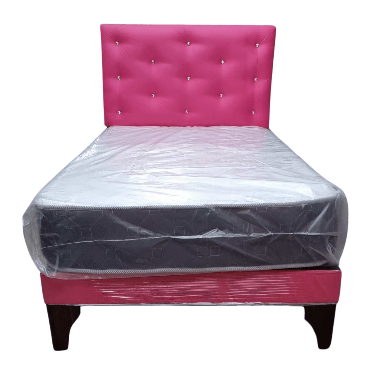 CAMA EUROPEA 1 PLAZA RESPALDO FUCSIA ECO CUERO DIAMANTE + COLCHON DE RESORTE RIMAR - 1