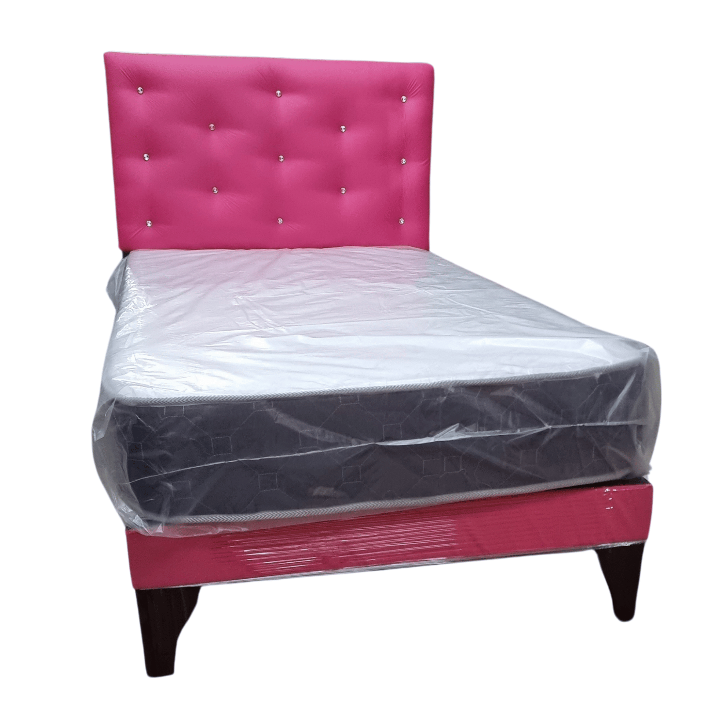 CAMA EUROPEA 1 PLAZA RESPALDO FUCSIA ECO CUERO DIAMANTE + COLCHON DE RESORTE RIMAR - 2