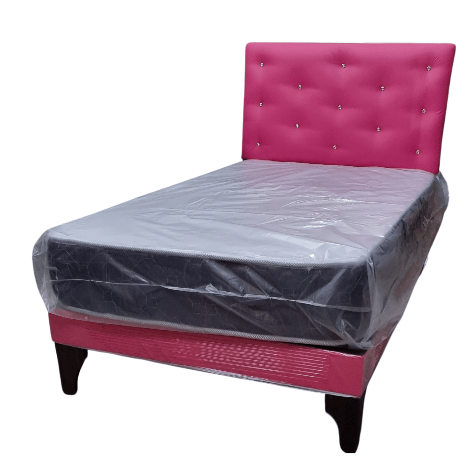 CAMA EUROPEA 1 PLAZA RESPALDO FUCSIA ECO CUERO DIAMANTE + COLCHON DE RESORTE RIMAR - 3