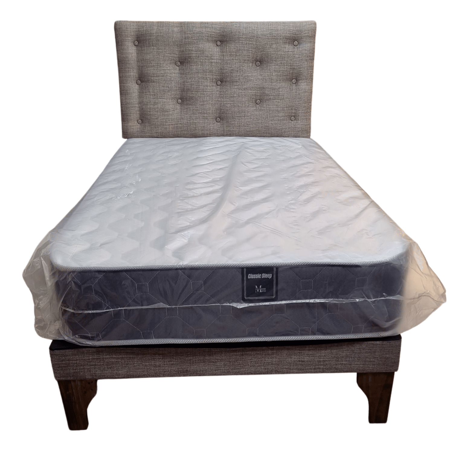 CAMA EUROPEA 1 PLAZA RESPALDO GRIS LINO + COLCHON DE RESORTE RIMAR - 1