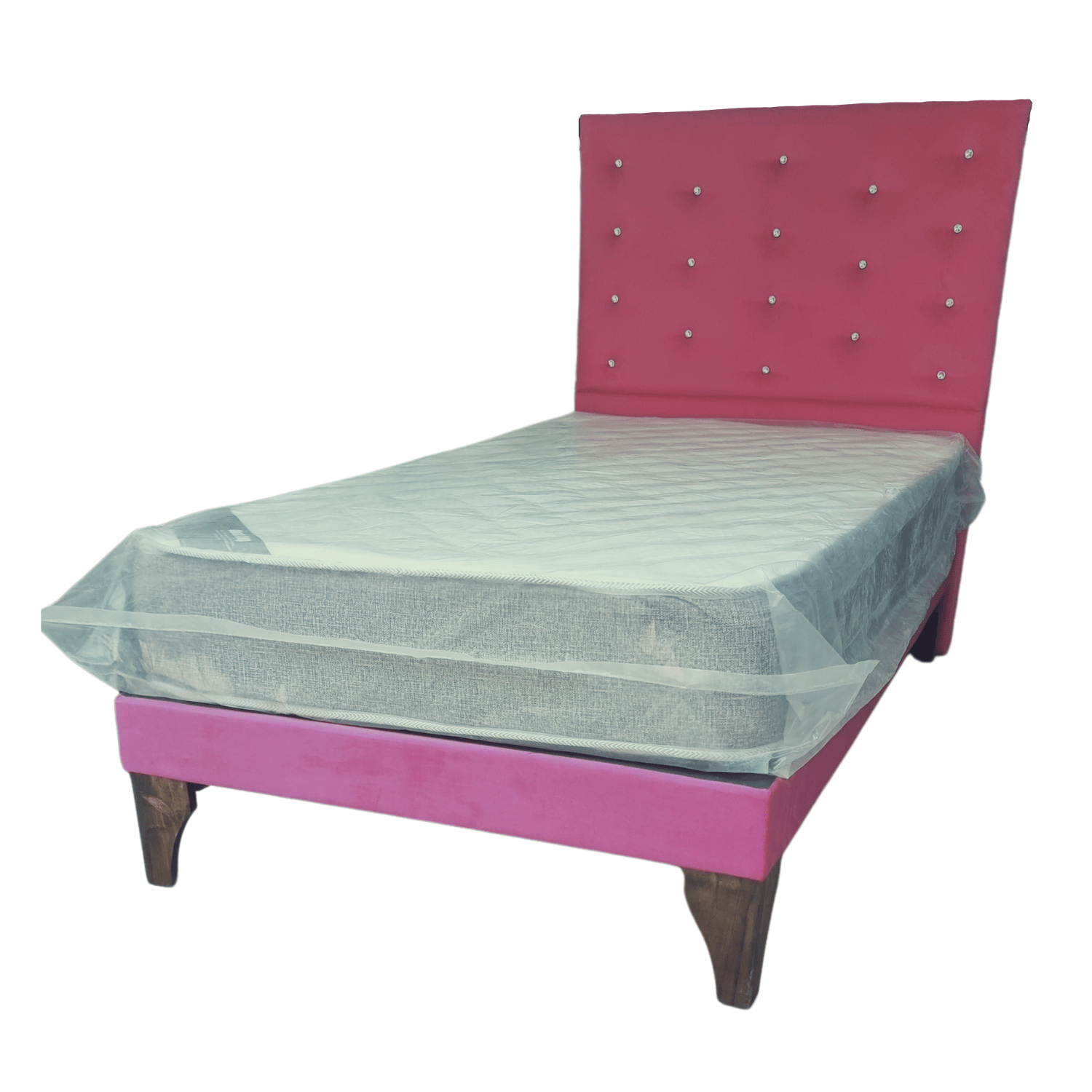 CAMA EUROPEA 1 PLAZAS RESPALDO A PISO FUCSIA FELPA DIAMANTE + COLCHON DE RESORTE RIMAR - 3