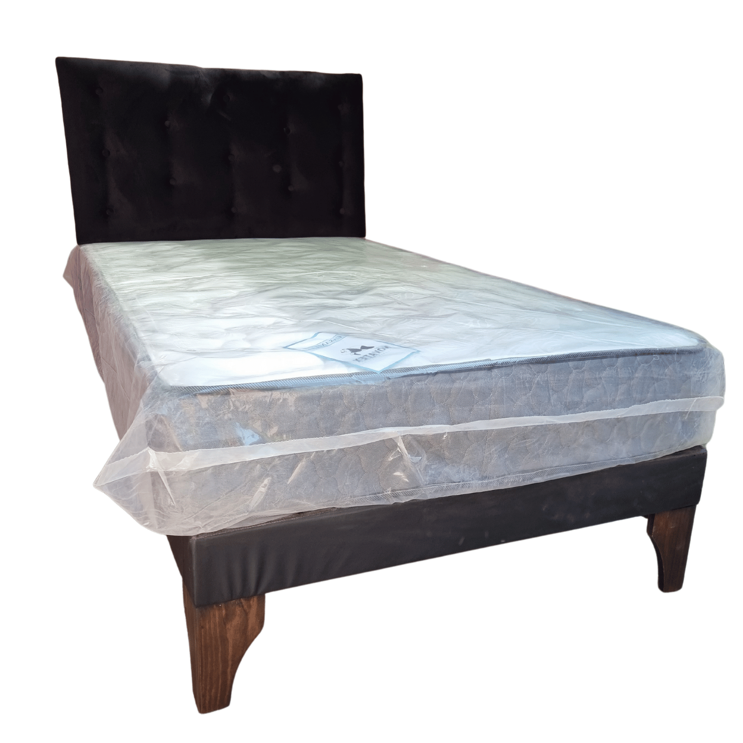 CAMA EUROPEA 1 PLAZA RESPALDO NEGRO FELPA + COLCHON DE RESORTE RIMAR - 2