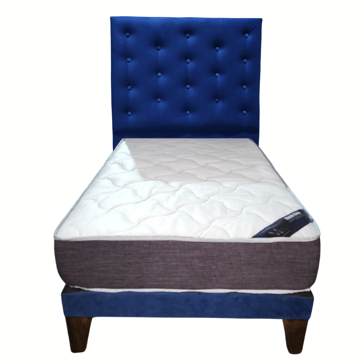 CAMA EUROPEA 1 PLAZAS RESPALDO A PISO AZUL MARINO FELPA + COLCHON DE RESORTE RIMAR - 1