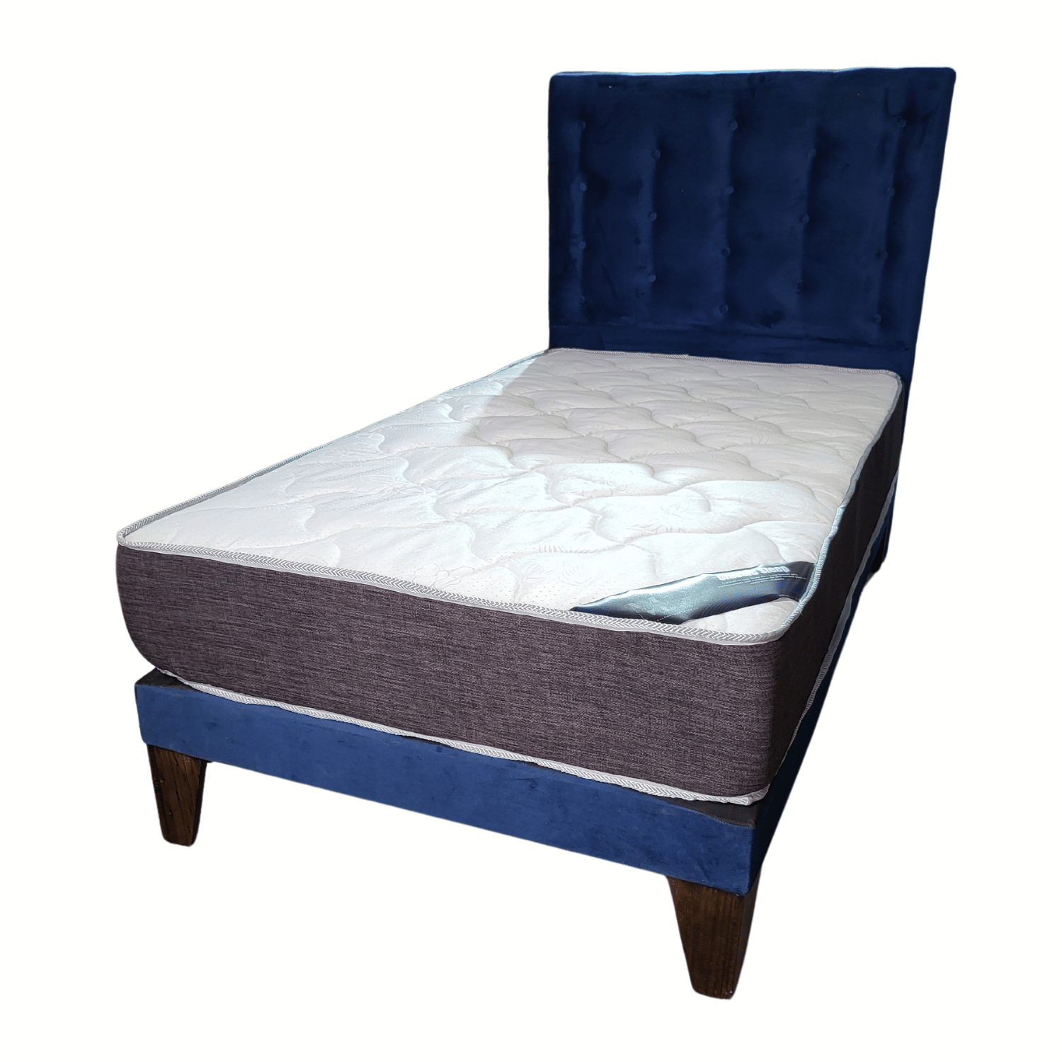 CAMA EUROPEA 1 PLAZAS RESPALDO A PISO AZUL MARINO FELPA + COLCHON DE RESORTE RIMAR - 3