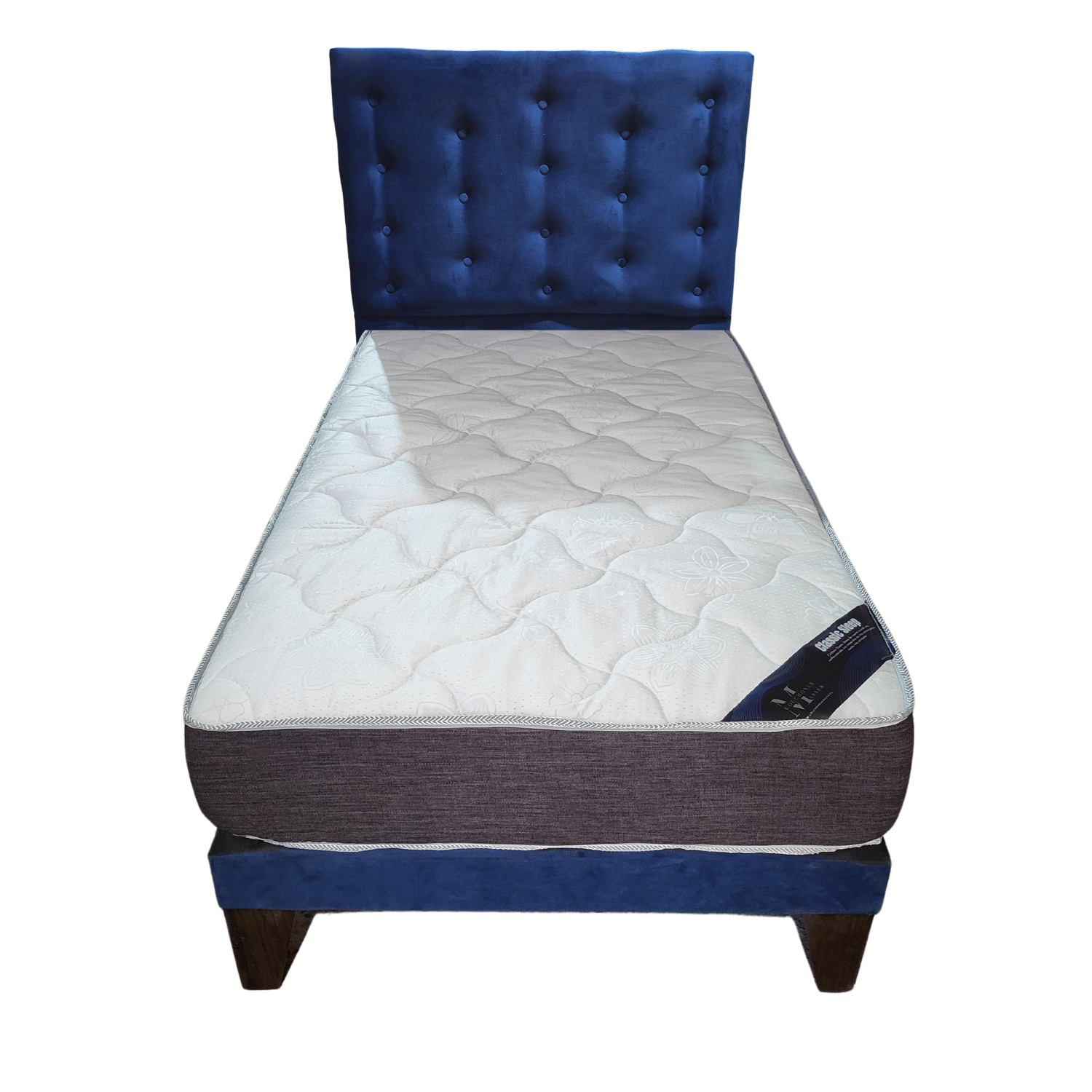 CAMA EUROPEA 1 PLAZAS RESPALDO A PISO AZUL MARINO FELPA + COLCHON DE RESORTE RIMAR - 4