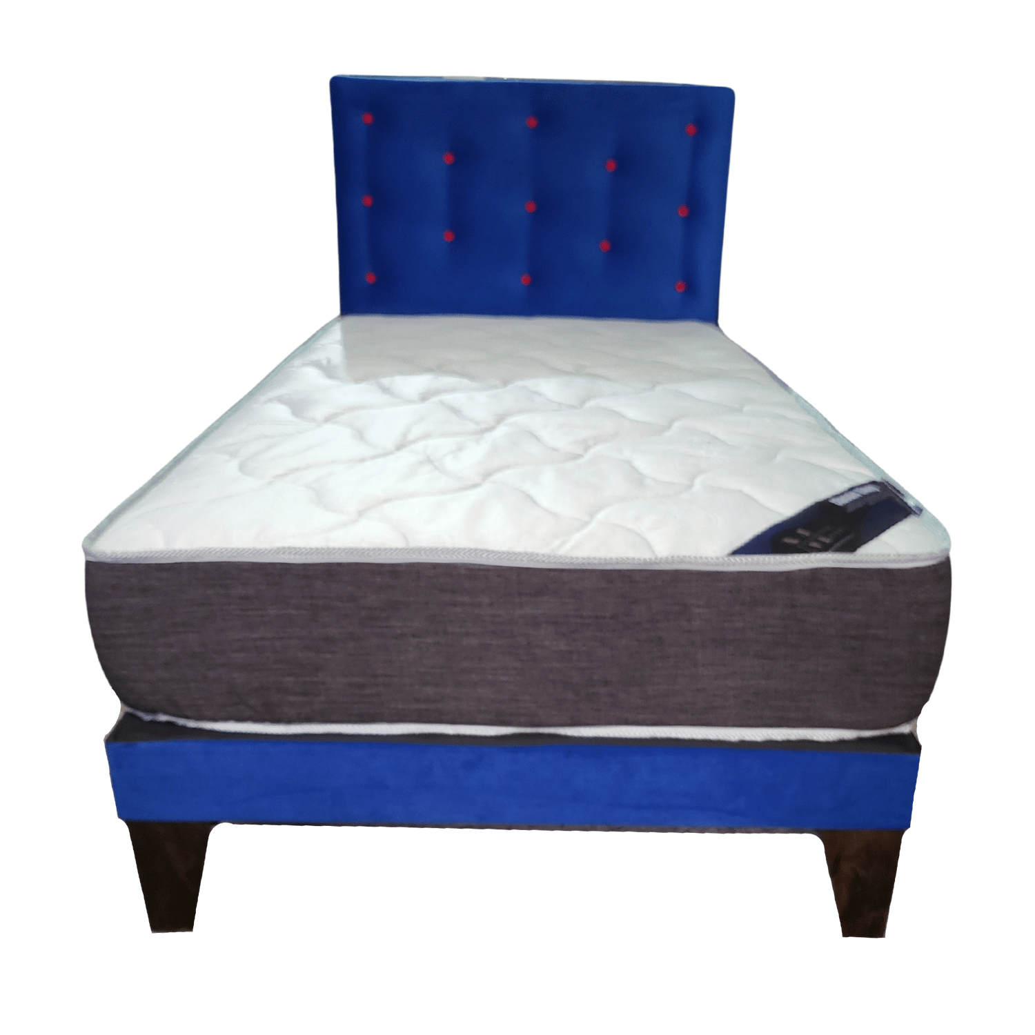 CAMA EUROPEA 1 PLAZA RESPALDO AZUL BOTON ROJO + COLCHON DE RESORTE RIMAR - 1