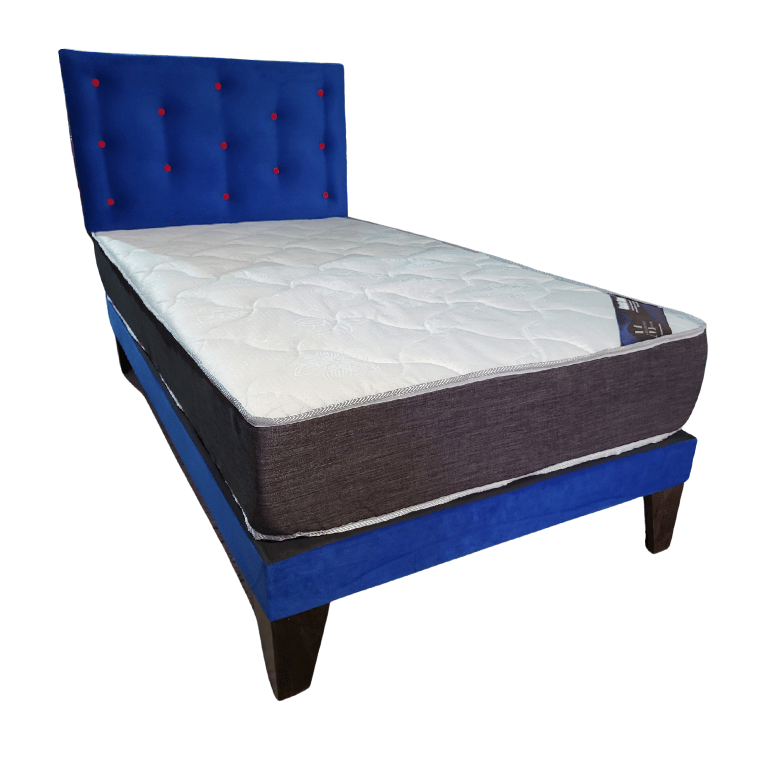 CAMA EUROPEA 1 PLAZA RESPALDO AZUL BOTON ROJO + COLCHON DE RESORTE RIMAR - 2