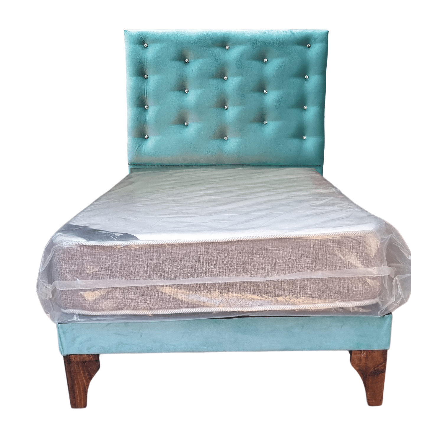 CAMA EUROPEA 1 PLAZAS RESPALDO A PISO TURQUESA FELPA DIAMANTE + COLCHON DE RESORTE RIMAR - 1