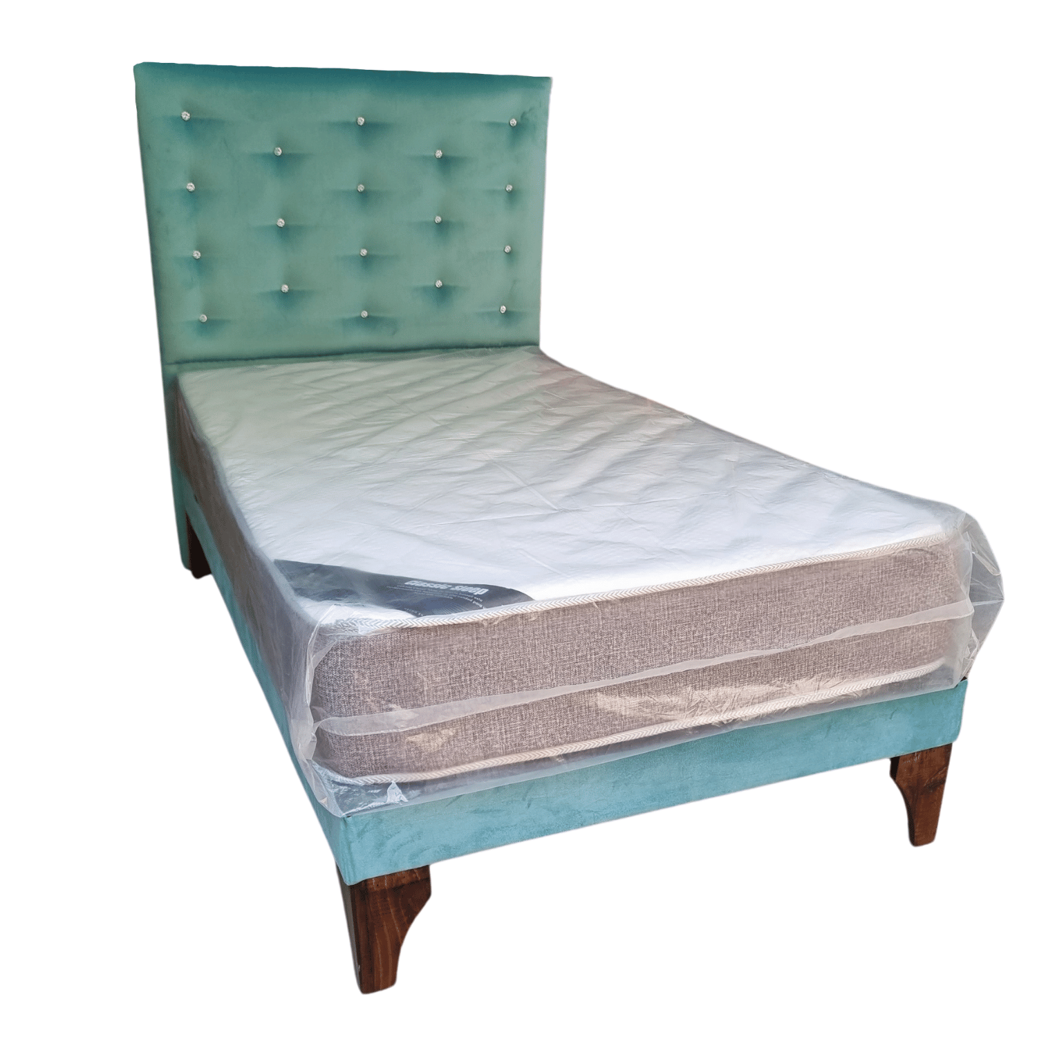 CAMA EUROPEA 1 PLAZAS RESPALDO A PISO TURQUESA FELPA DIAMANTE + COLCHON DE RESORTE RIMAR - 2