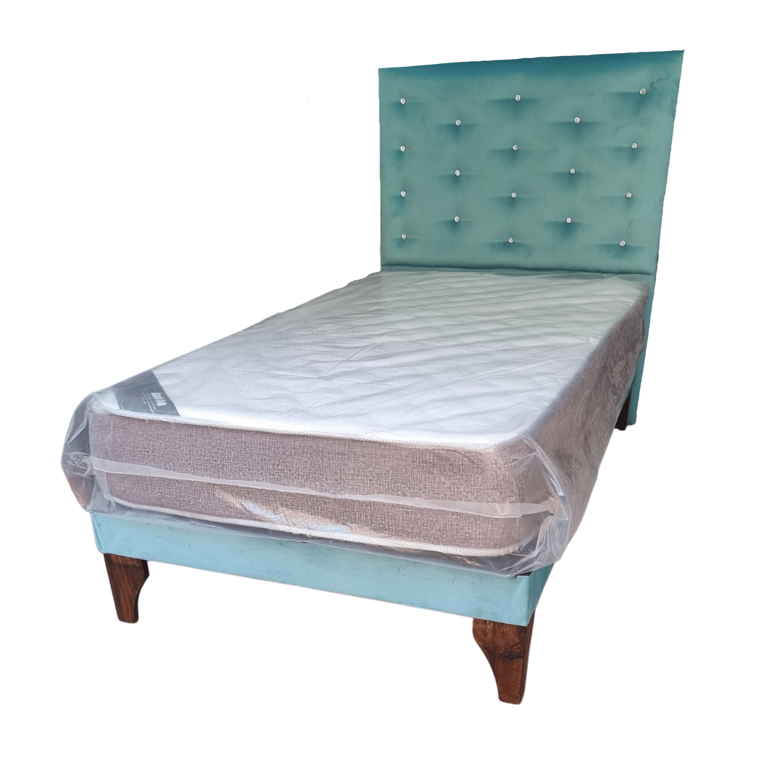 CAMA EUROPEA 1 PLAZAS RESPALDO A PISO TURQUESA FELPA DIAMANTE + COLCHON DE RESORTE RIMAR - 3