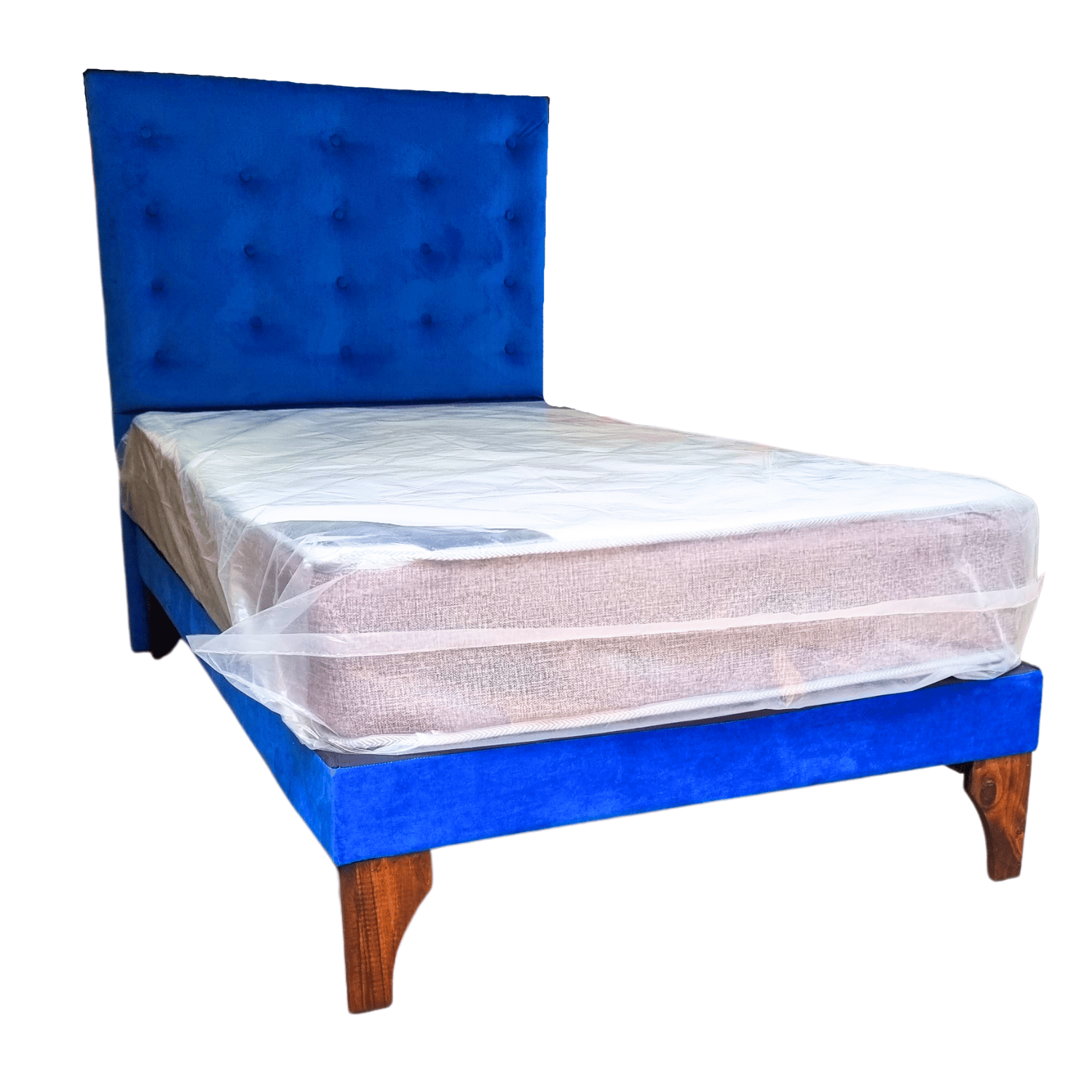 CAMA EUROPEA 1,5 PLAZAS RESPALDO A PISO AZUL FELPA + COLCHON DE RESORTE RIMAR - 2