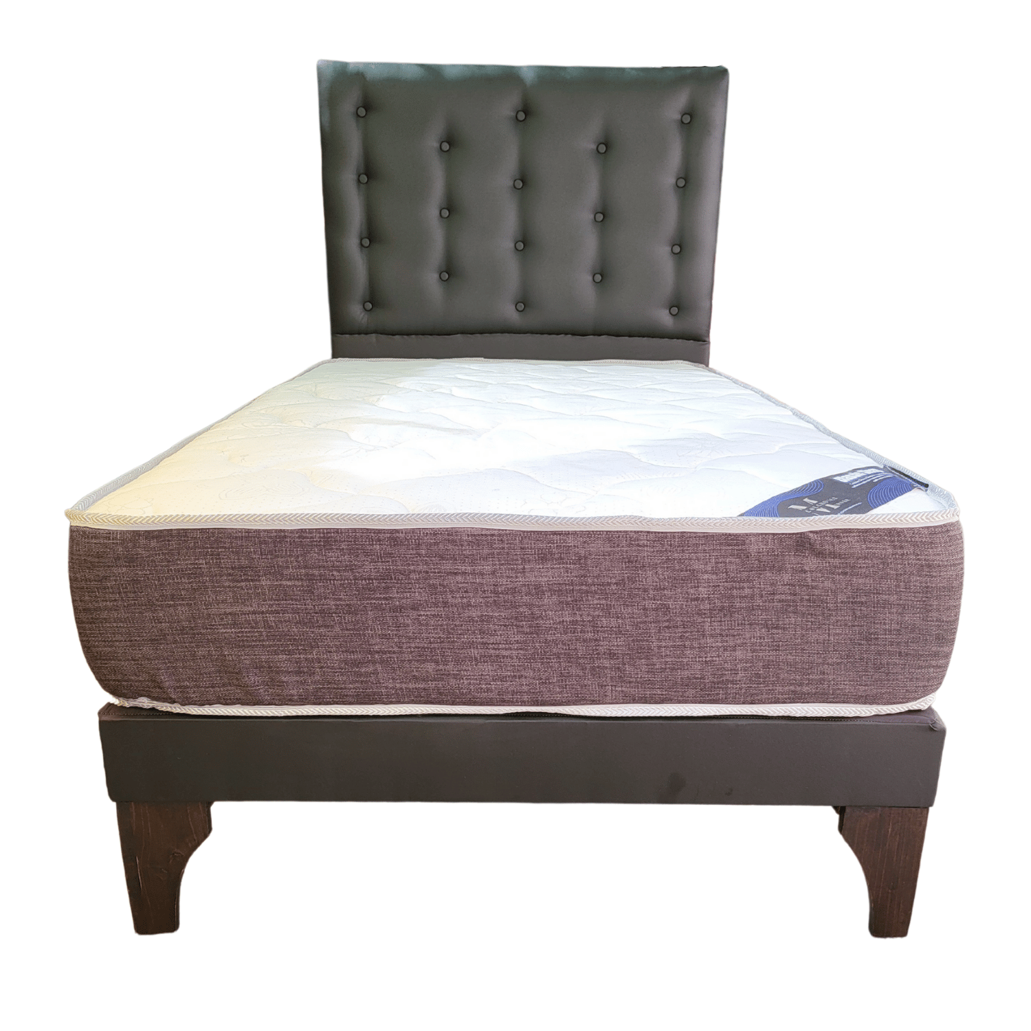 CAMA EUROPEA 1,5 PLAZAS RESPALDO A PISO NEGRO ECO CUERO + COLCHON DE RESORTE RIMAR - 1