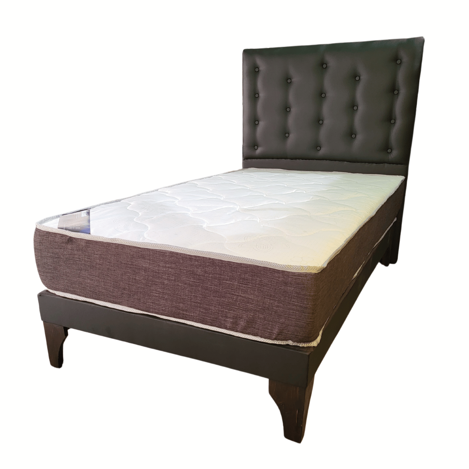 CAMA EUROPEA 1,5 PLAZAS RESPALDO A PISO NEGRO ECO CUERO + COLCHON DE RESORTE RIMAR - 3