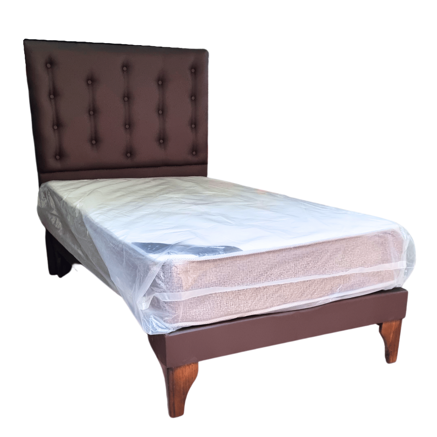 CAMA EUROPEA 1 PLAZAS RESPALDO A PISO  CAFÉ ECO CUERO + COLCHON DE RESORTE RIMAR - 2