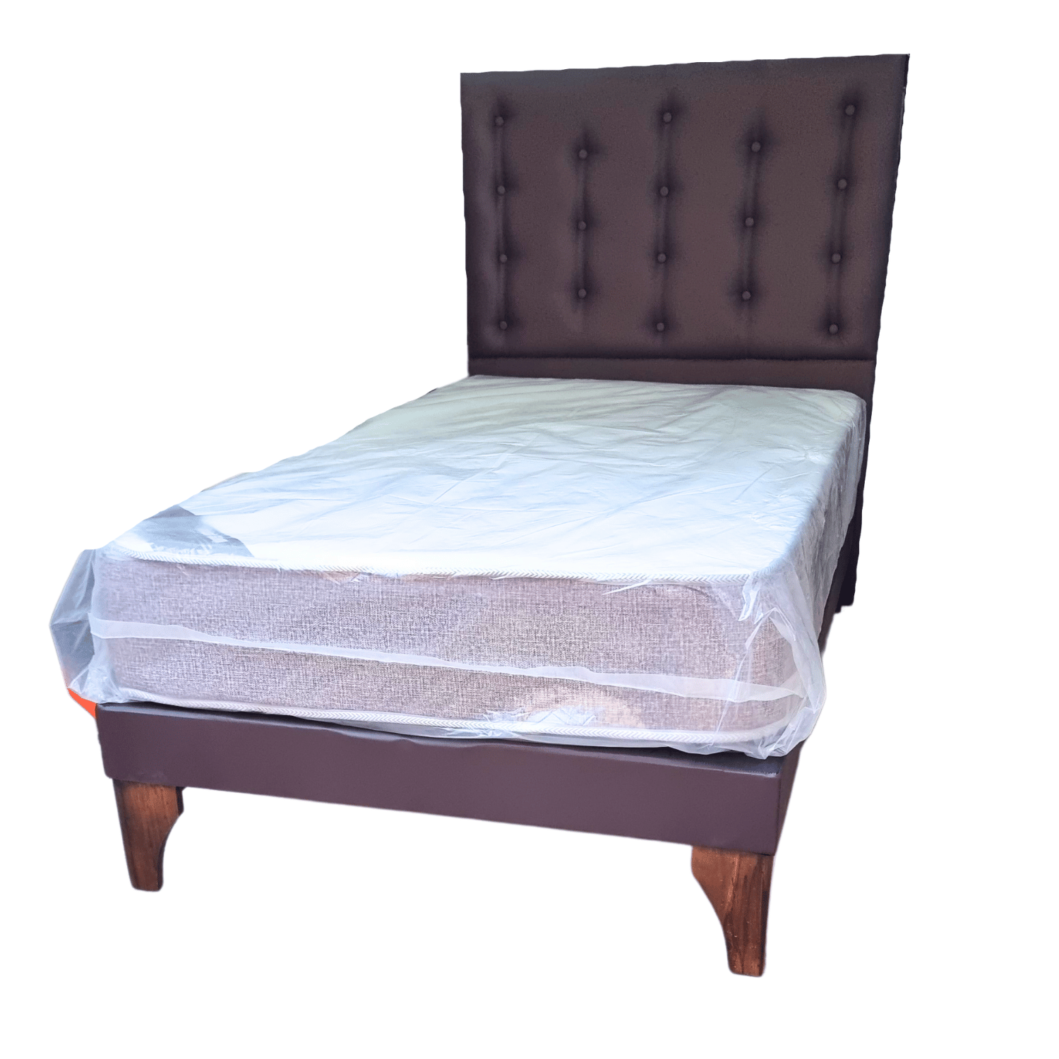 CAMA EUROPEA 1 PLAZAS RESPALDO A PISO  CAFÉ ECO CUERO + COLCHON DE RESORTE RIMAR - 3