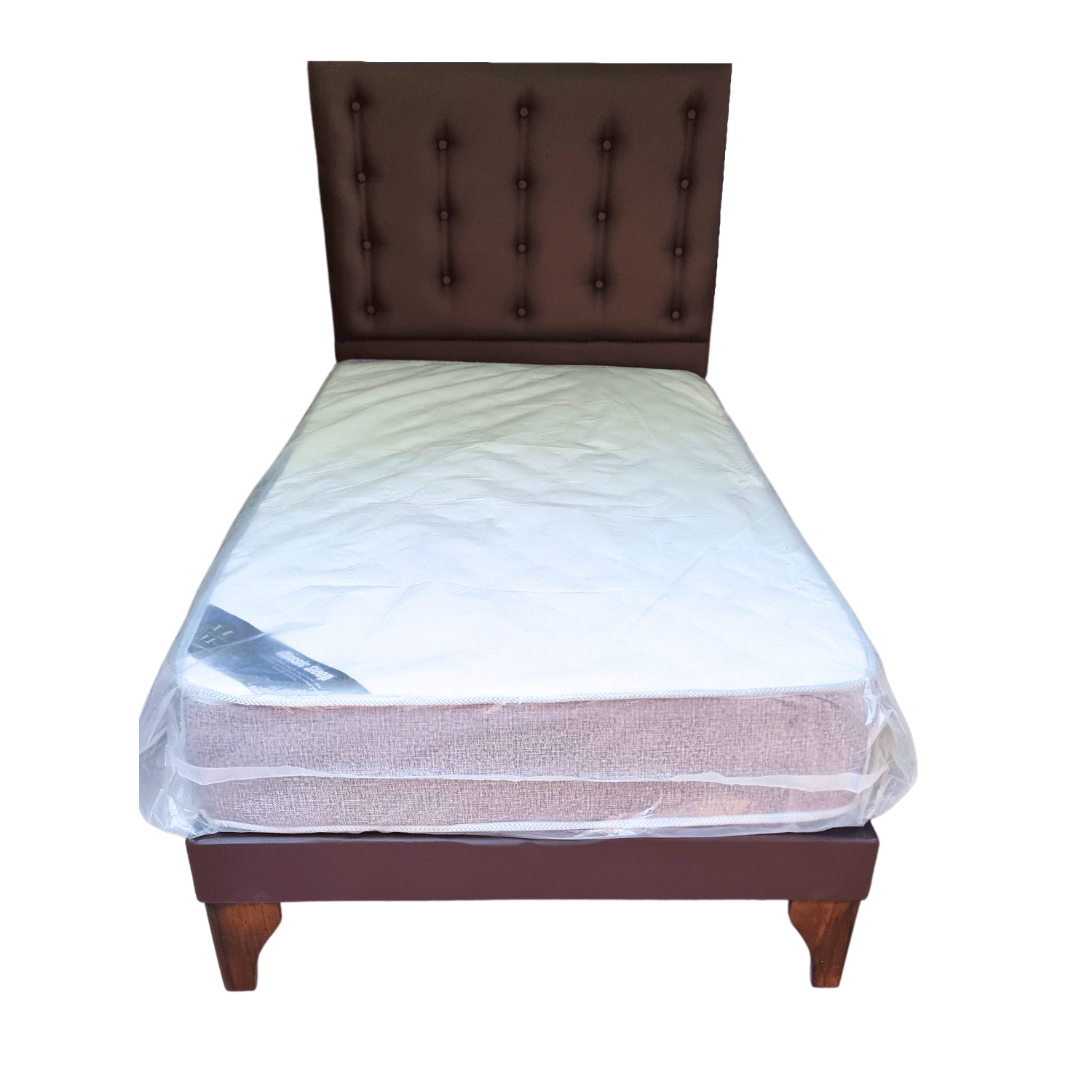 CAMA EUROPEA 1 PLAZAS RESPALDO A PISO  CAFÉ ECO CUERO + COLCHON DE RESORTE RIMAR - 4