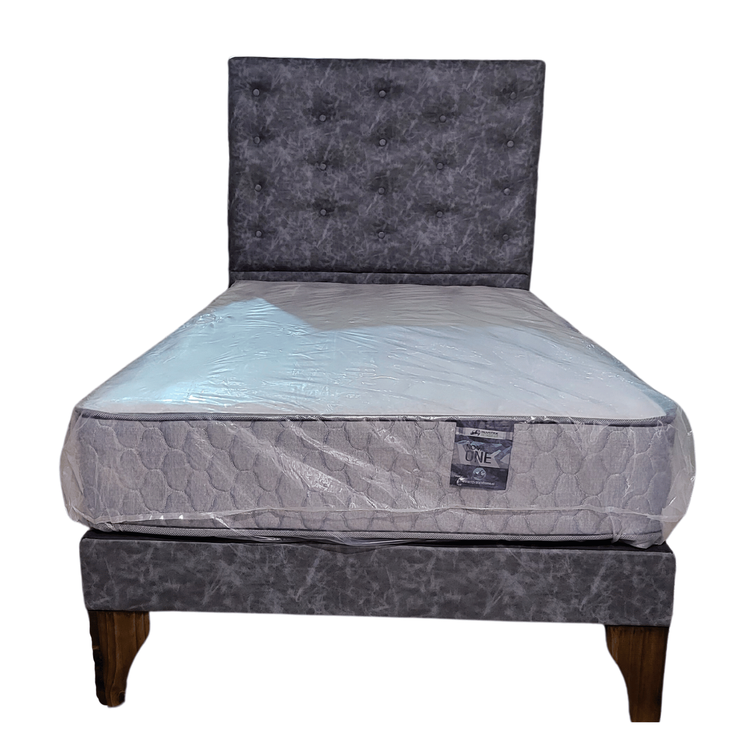 CAMA EUROPEA 1 PLAZAS RESPALDO A PISO GRIS JASPIADO ECO CUERO + COLCHON DE RESORTE RIMAR - 1