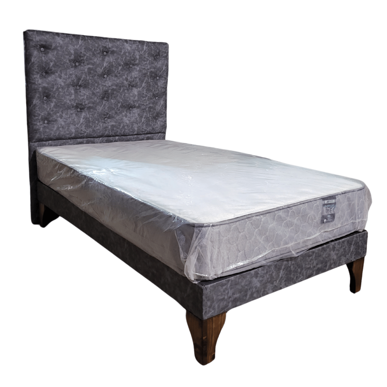 CAMA EUROPEA 1 PLAZAS RESPALDO A PISO GRIS JASPIADO ECO CUERO + COLCHON DE RESORTE RIMAR - 2