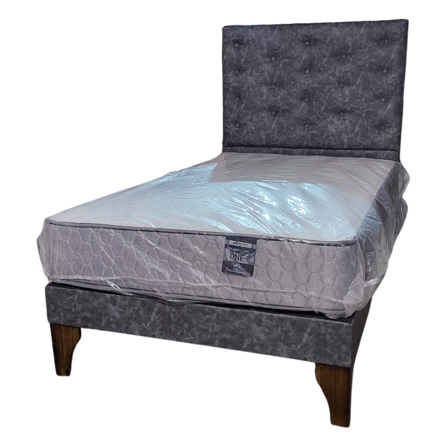 CAMA EUROPEA 1 PLAZAS RESPALDO A PISO GRIS JASPIADO ECO CUERO + COLCHON DE RESORTE RIMAR - 3
