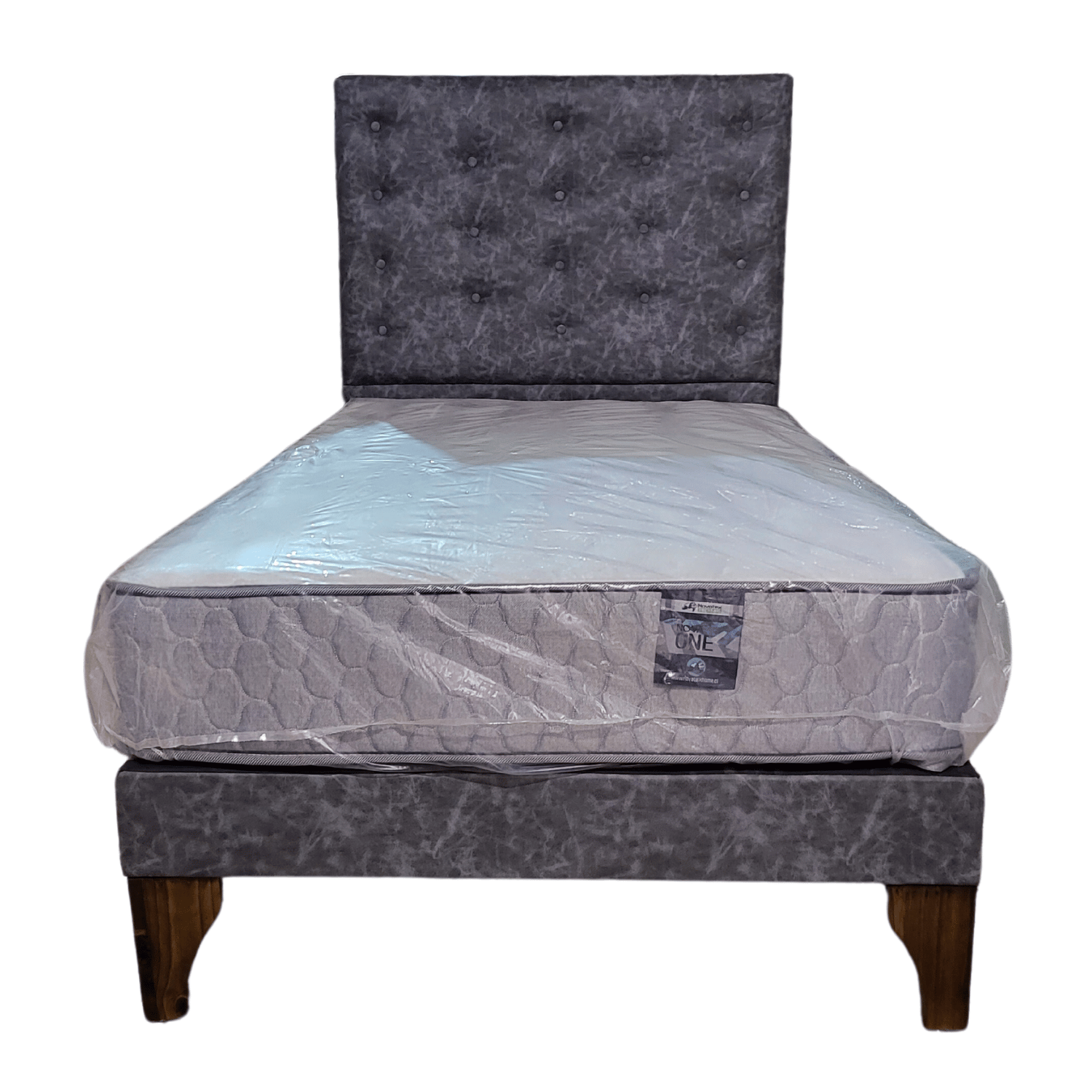 CAMA EUROPEA 1 PLAZAS RESPALDO A PISO GRIS JASPIADO ECO CUERO + COLCHON DE RESORTE RIMAR - 4